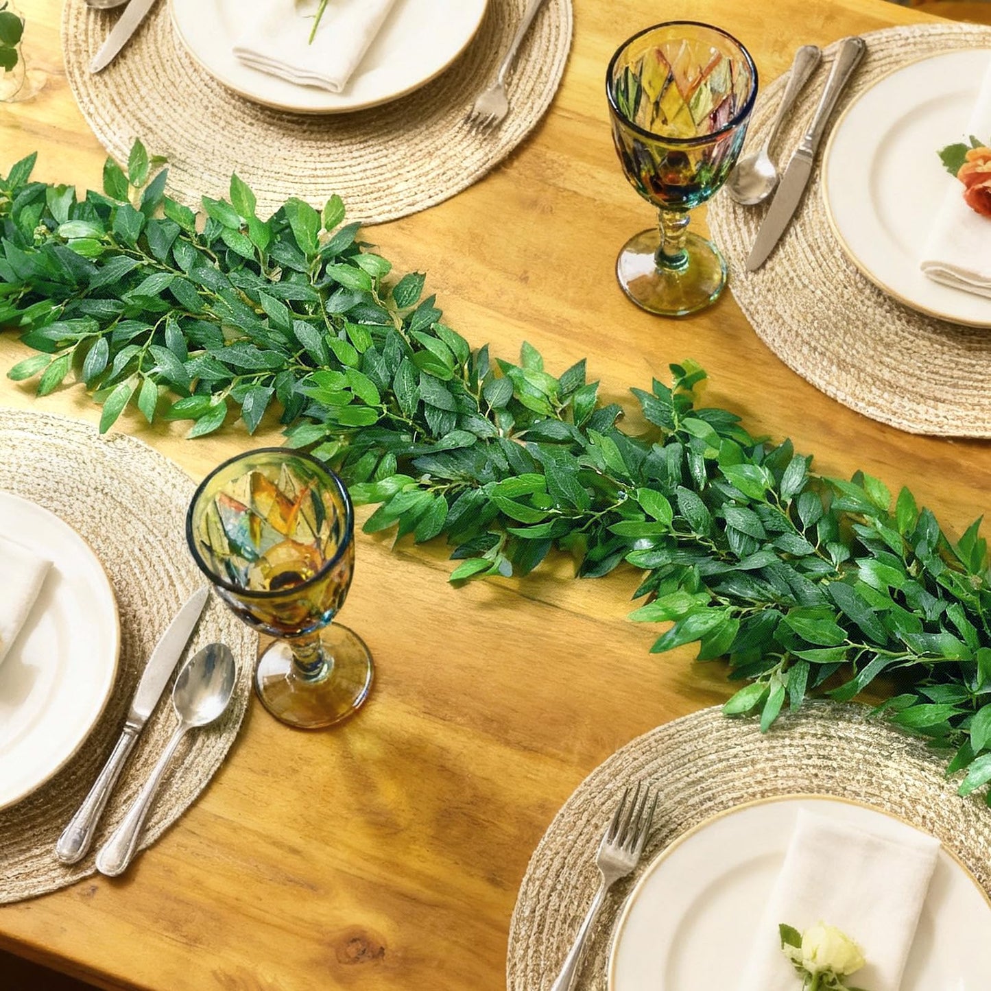 Suncalla 2 Pcs 10 Feet Artificial Vines Garland Faux Italian Ruscus Vine Twigs Silk Green Leaves Greenery Garland for Wedding Table Centerpieces Arch Decor Party Room Home Garden Office Wall Decor
