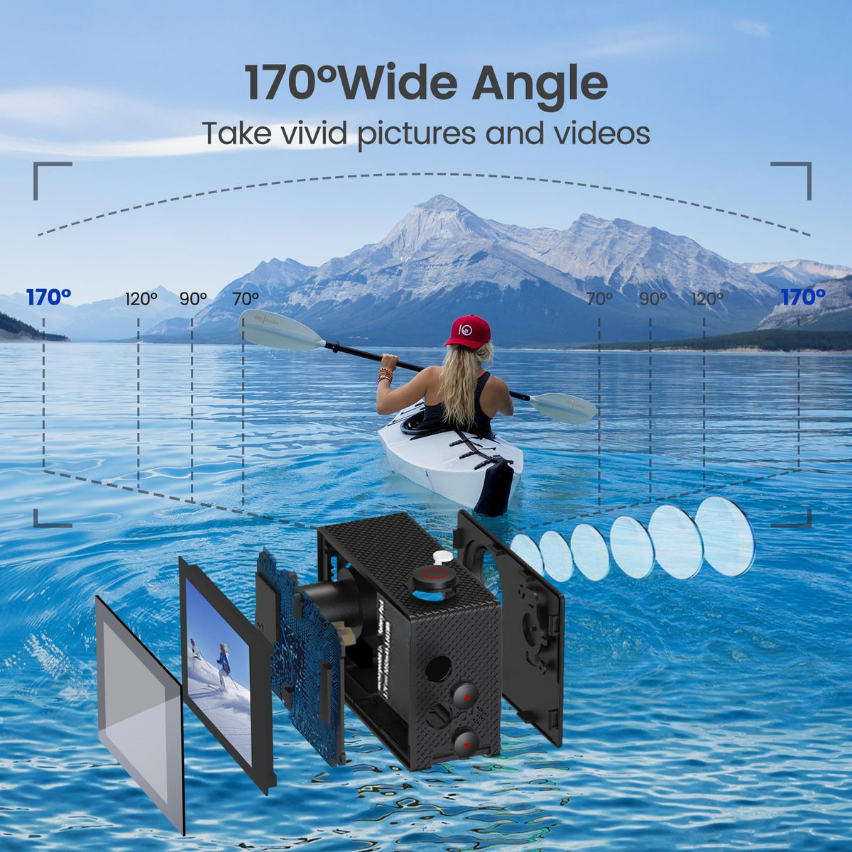 HLS Waterproof Action Camera 4K Stabilization with 2 Batteries 1350mAh for Video,4K WiFi Remote Underwater Cameras with Wide Angle Lens HD,Sports Action Video Cameras with Accessories Mount Kit