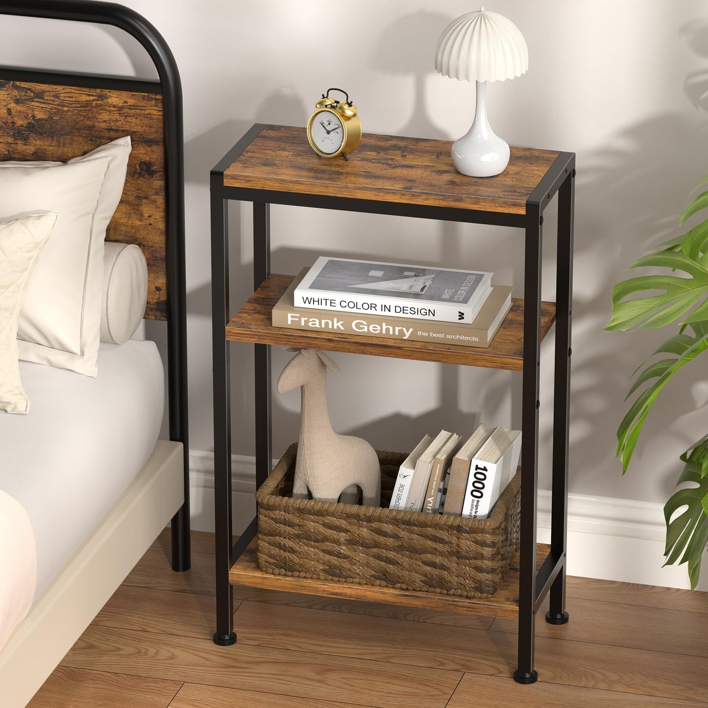 Homedawn Narrow Side Table for Small Space, 3 Tier Slim End Table, Thin Nightstand, Skinny Snack Couch Table, Sofa Bedside Table in Living Room, Bedroom, Study, Kitchen and Balcony (Rustic Brown)
