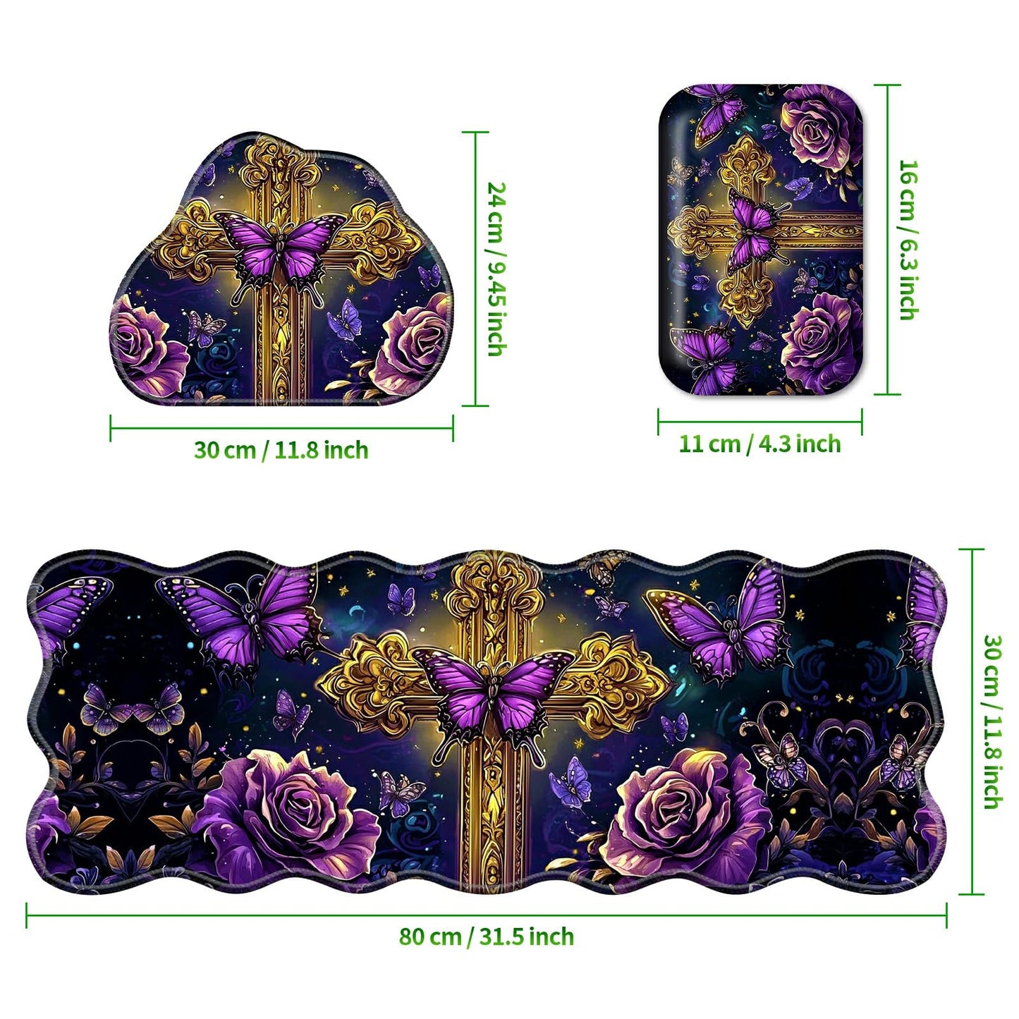 RWUTYTIUL 3-Piece Ergonomic Desk Mat & Cloud Wrist Rest Set, Large 31.5" x 11.8" Wave Office Desk Pad with Memory Foam Support Non-Slip Computer Protector for Home, Gaming, Purple Butterfly Cross