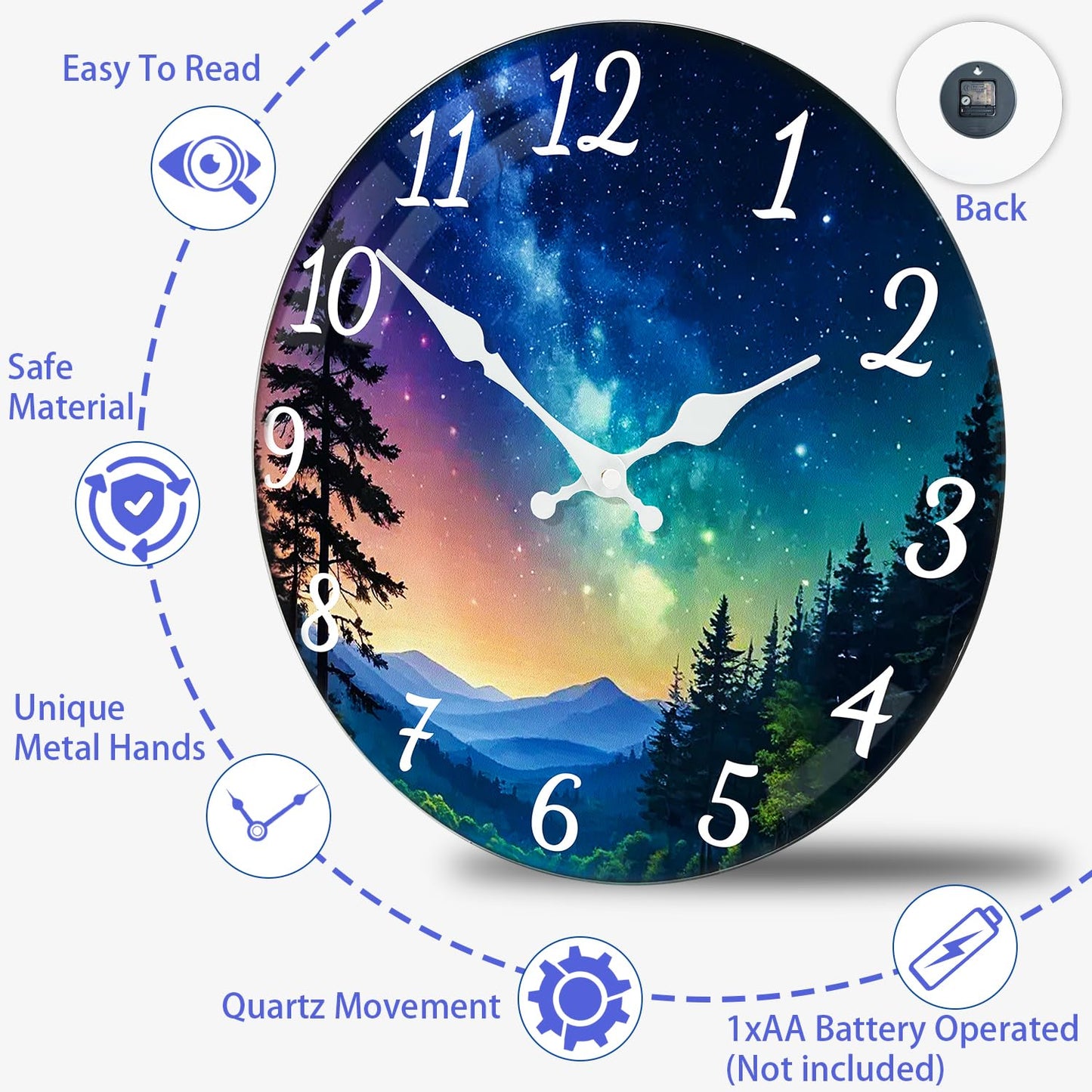 TGHHPC 12 Inch Wall Clocks Battery Operated - Premium Glass Silent Wall Clock, Unique Aurora Non Ticking Decorative Analog Clock for Bedroom Living Room Office Kitchen Gym Hotel Classroom Farmhouse
