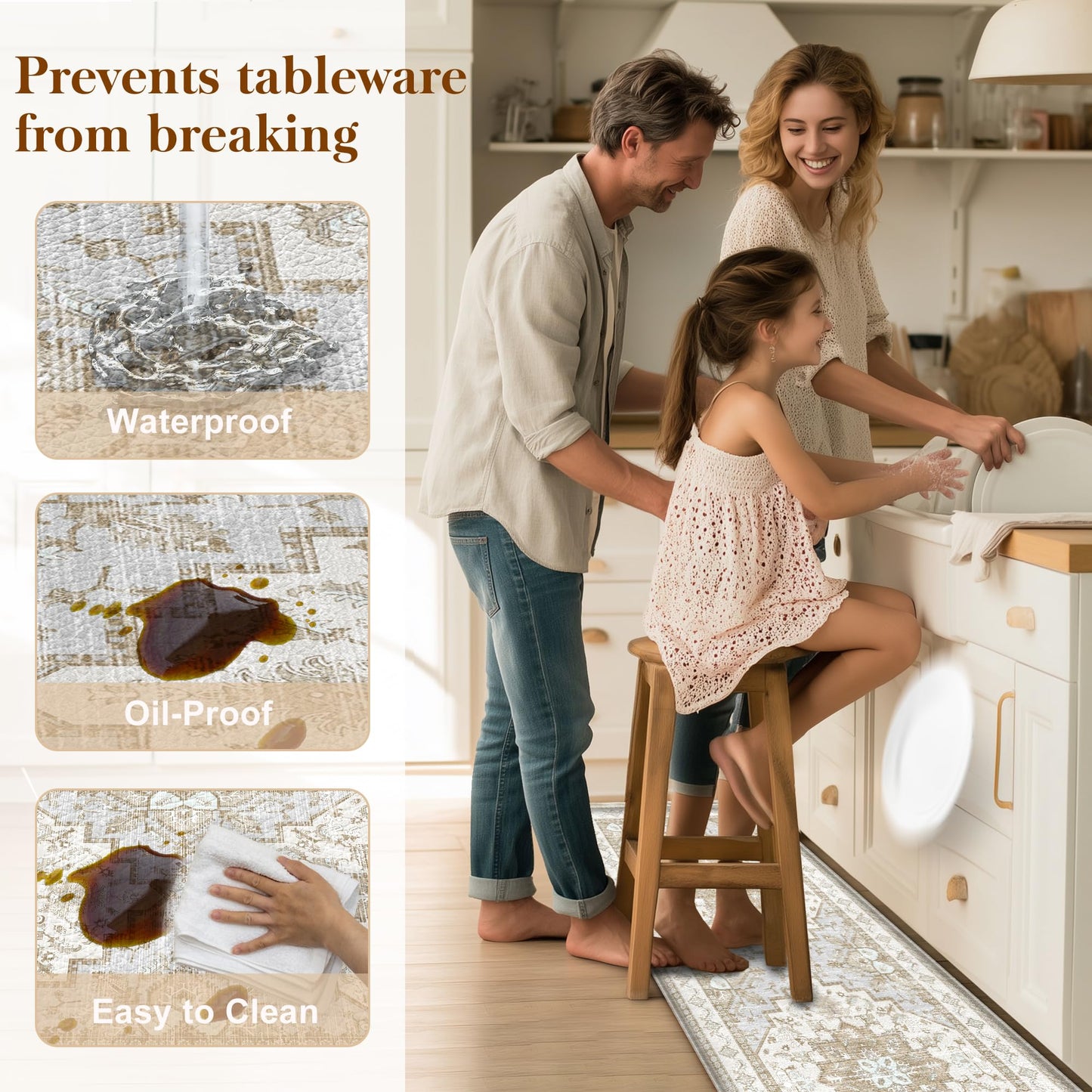 Boho Kitchen Mats for Floor 2 Piece Set Anti Fatigue Cushioned PVC Kitchen Rugs Non Slip Waterproof Farmhouse Mats 2/5 Inch Comfort Standing Mat for Sink, Laundry, 17.3"x47"+17.3"x28", Beige Tan