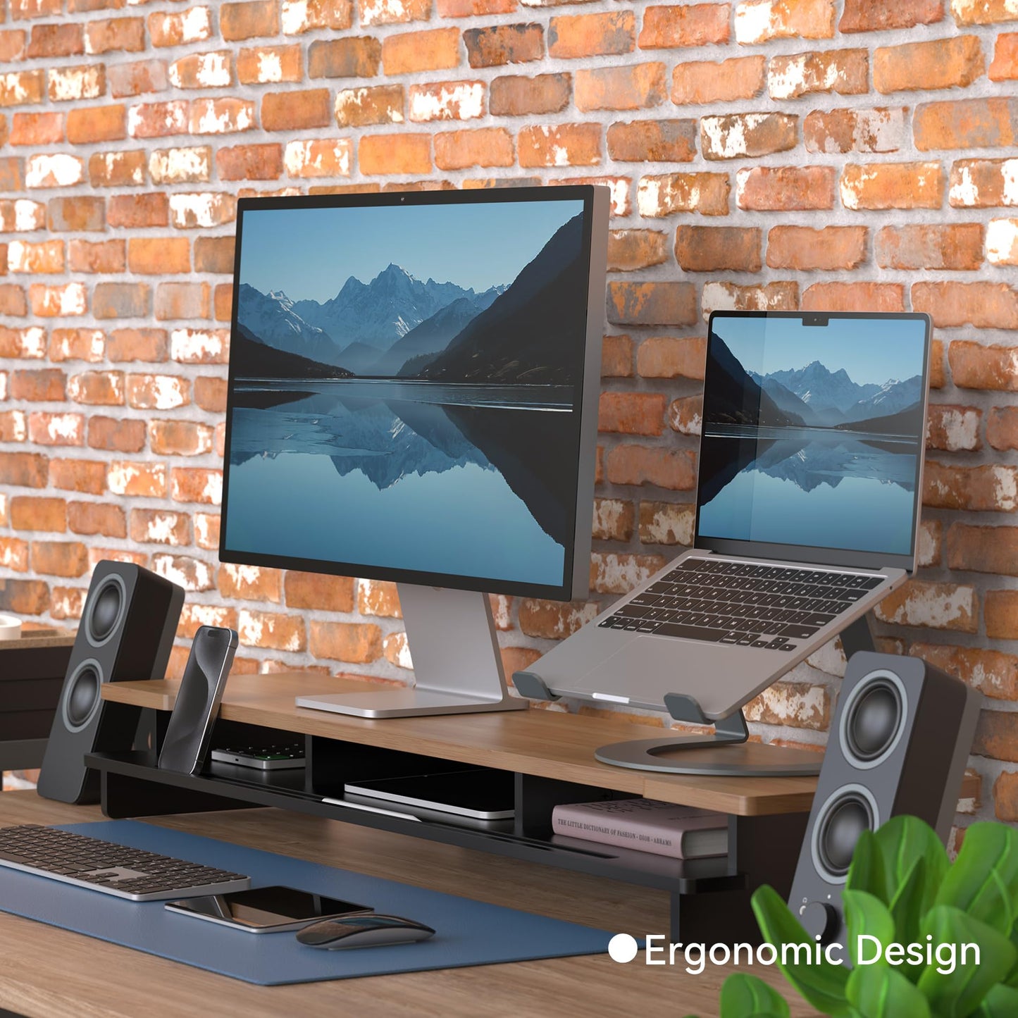 WELL WENG Monitor Stand Dual Monitor Stand Riser for Desk,Wood Desk Shelf Storage Organizer with Phone Tablet Holder (42.5 Inch, Black & Dark Bamboo)