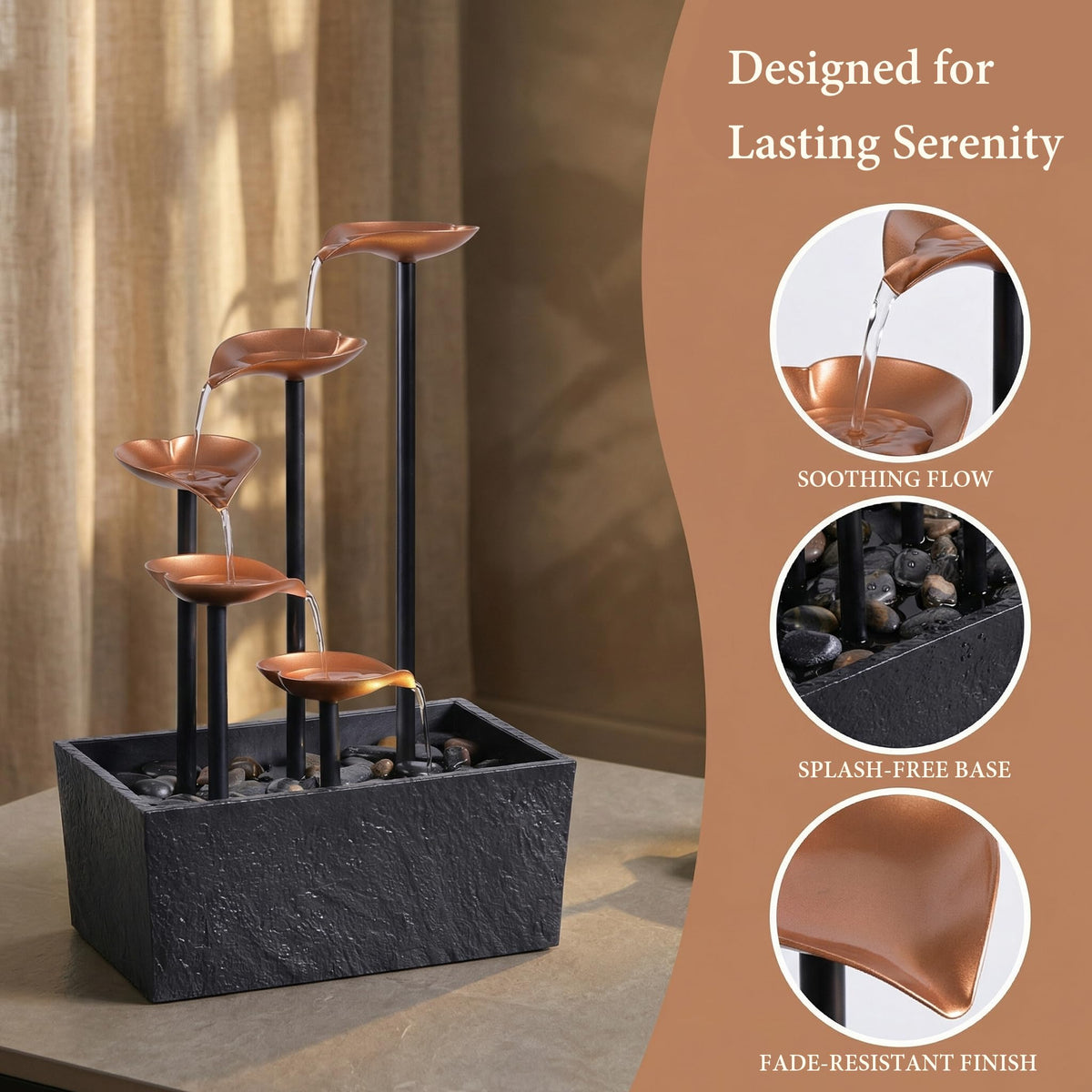 Rytmfluss 14" Tabletop Water Fountain, Indoor Desktop Fountain with Copper Leaf Design & LED Light, Splash-Free Zen Decor for Home, Office, Meditation, Yoga, Gift