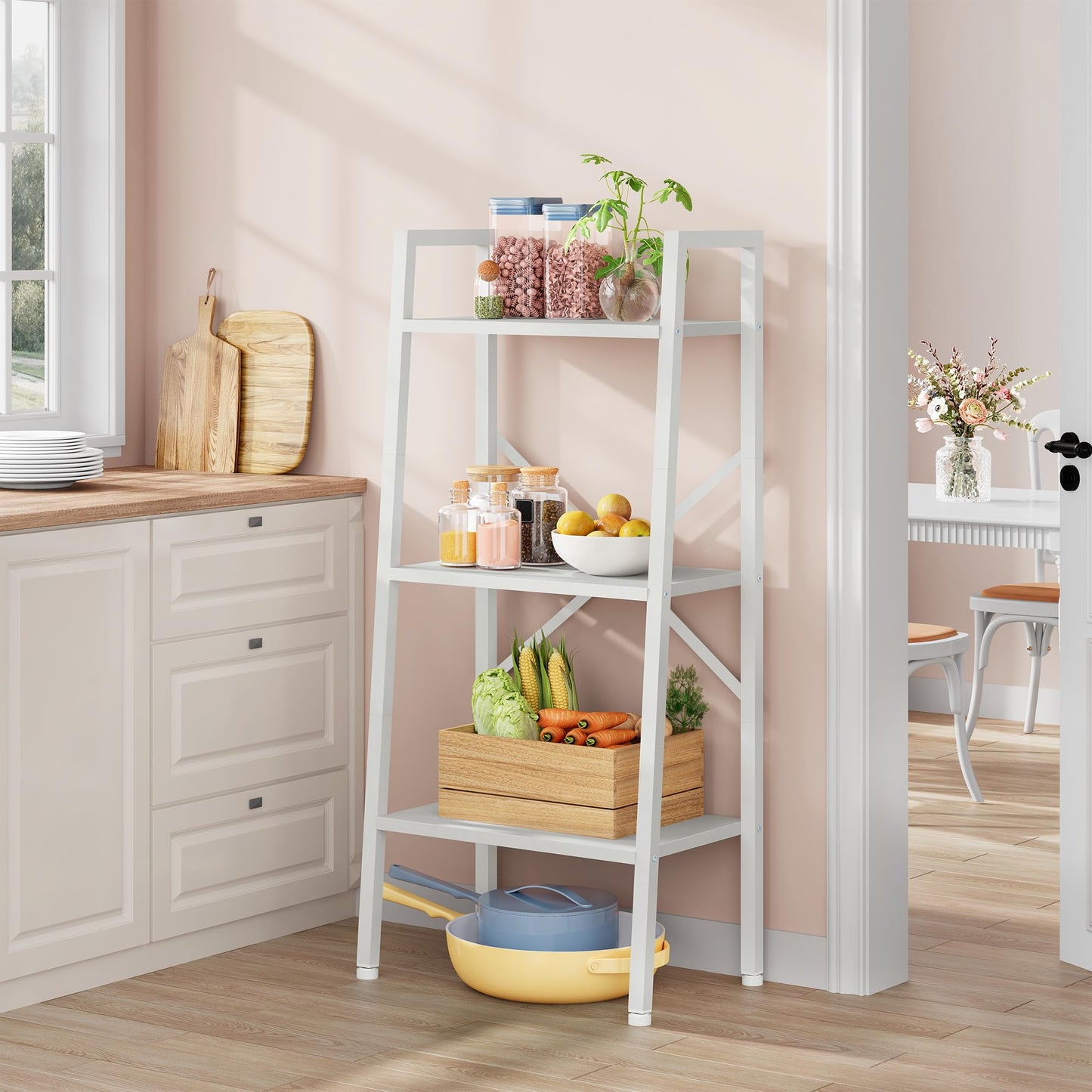 Hoctieon 3-Tier Industrial Ladder Bookshelf, Narrow Ladder Shelf, Tall Standing Bookshelf, Skinny Open Ladder Shelf, for Living Room, Home Office, Kitchen, Bedroom, Metal Frame, White