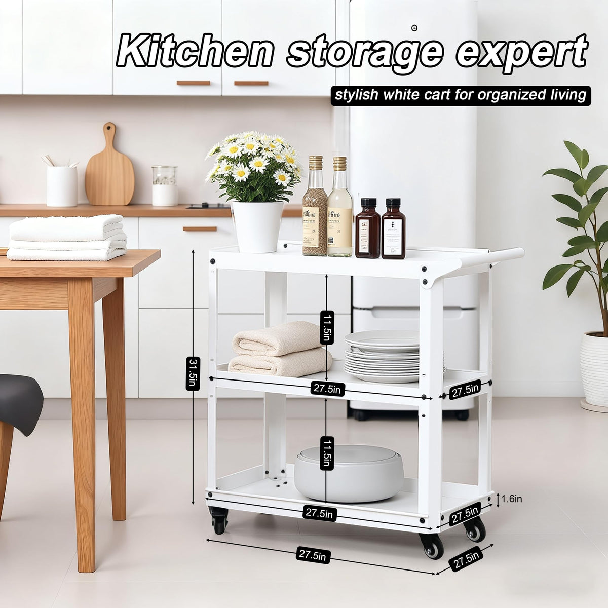 XCX 3 Tier Metal Utility Rolling Cart with Wheels, Heavy Duty Storage Organizer Trolley Cart for Kitchen, Bathroom, Office, Bedroom – Multi-Purpose 330Lbs Capacity Utility Cart on Wheels, White