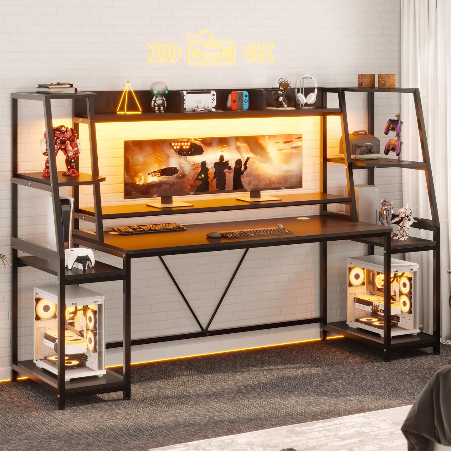 SEDETA Gaming Desk 78.8'' with LED Lights, Hutch and Storage Shelves, Computer Desk with Monitor Stand, Large PC Gamer Desk Workstation, Ergonomic Gaming Table for Bedroom, Living Room, Black