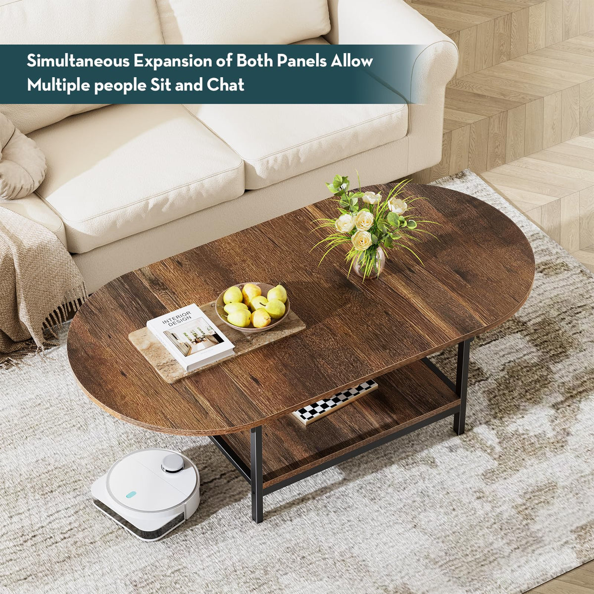 SAYGOER Folding Coffee Table for Living Room, Small Coffee Tables with 2-Tier Storage, Mid Century Modern Center Table for Small Space, Oval Farmhouse Table Square, Dark Brown