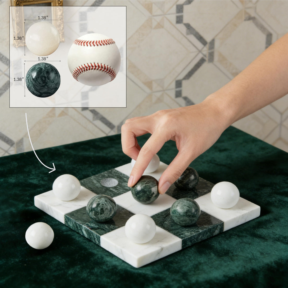 Green Marble Tic Tac Toe Board, Fresh Elegant Checkerboard, 7x7 Inch Premium Handcrafted Marble Tic Tac Toe Board, Modern Room Decor for Living Room, Office, Coffee Table