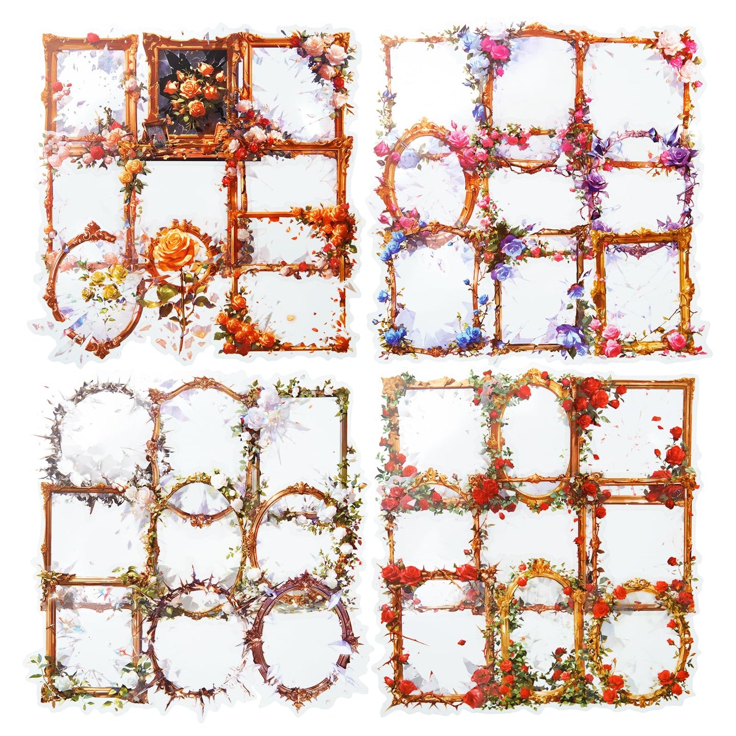 AuriicLeaf Broken Mirror Frame Stickers Set, 40PCS Gothic Rose PET Scrapbook Supplies for Journaling, DIY Crafts, and Planners