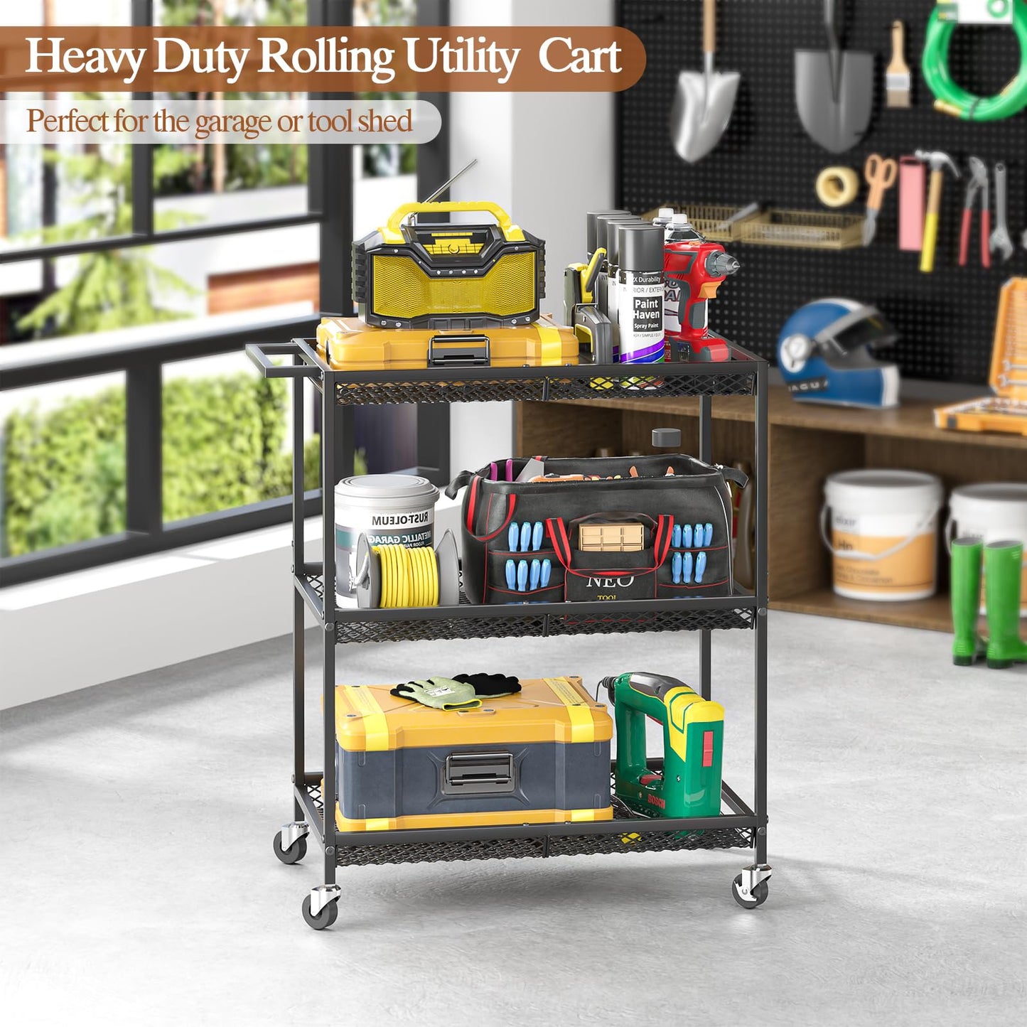 3 Tier Rolling Utility Kitchen Cart, Heavy Duty Wire Rolling Cart on Wheels, Commercial Metal Serving Carts with Handle, Kitchen Island Plant Shelf Food Storage Trolley for Laundry, Office, Garage