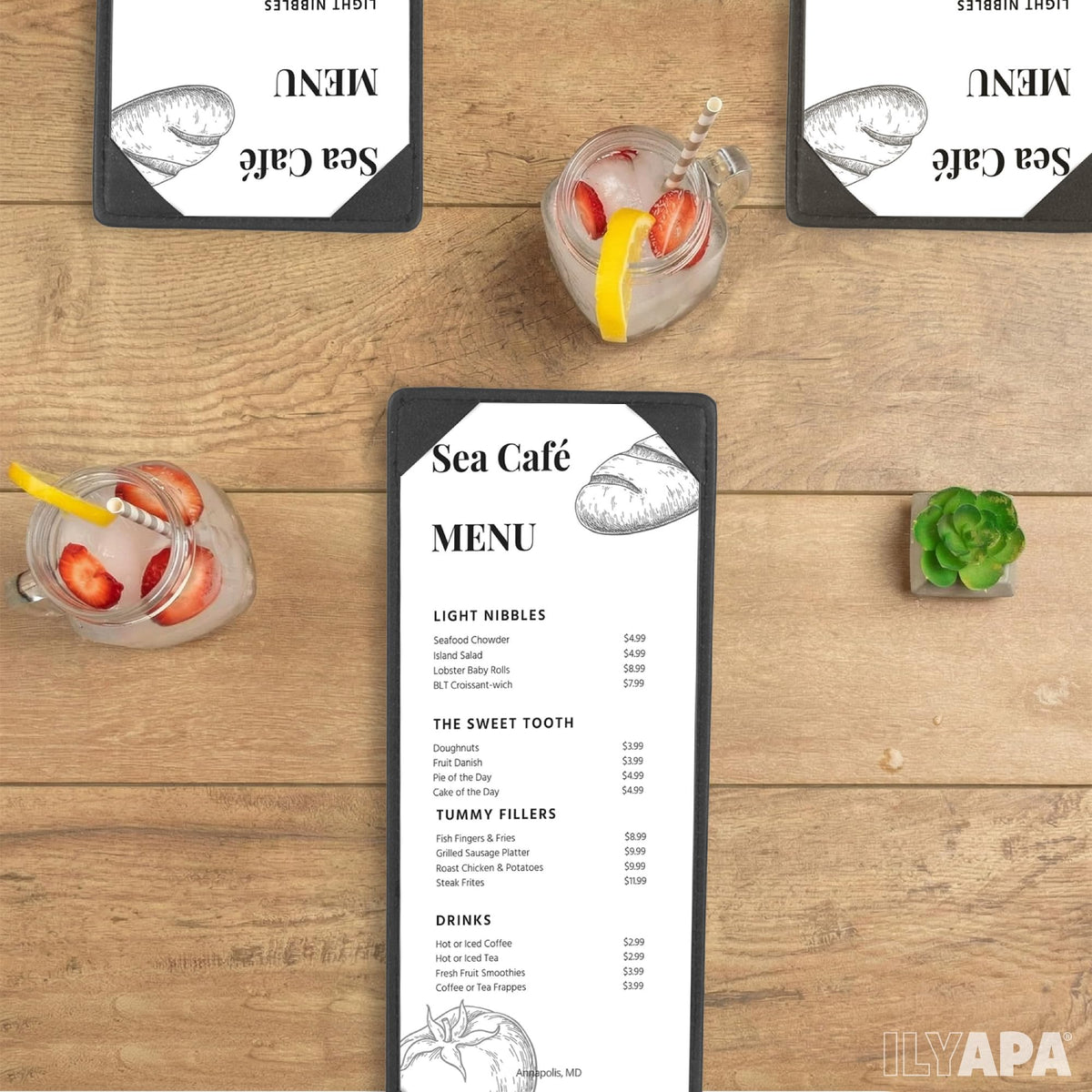 Ilyapa 5 Pack Restaurant Menu Covers 4.25 x 11 - Vinyl Leather Menu Holder, Single Sided Book with Corner Sleeves for Display of Wedding Menus, Weekly Kitchen Specials & Bar Drinks for Table Top