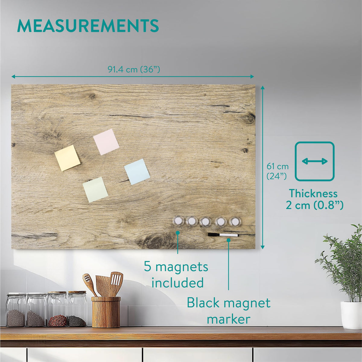 Navaris Frameless Magnetic Memo Board - Easy Installation - Kitchen Magnet Dry Erase Whiteboard - Notice Boards for Wall Use - 36 x 24 Inches - Dark Wood Design with Magnets & Pen