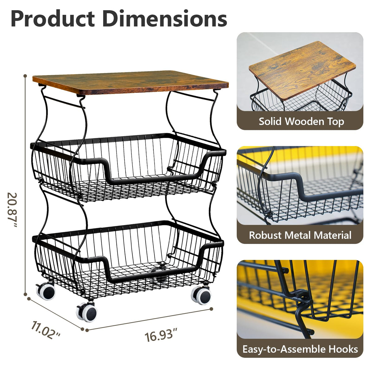 2 Pack Utility Rolling Cart 3-Tier Metal Storage Organizer Cart with Wooden Top Snack Rack Pantry Cart with Wheels for Kitchen, Bathroom, Office, Bedroom, Living Room, Black