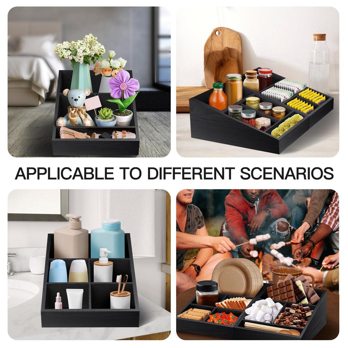 MINCORD Coffee Station Organizer Coffee Condiment Service Tray with 9 Compartment for Counter, Wood Coffee Bar Supplies Organizer for Home Office Breakroom Two-in-One Black