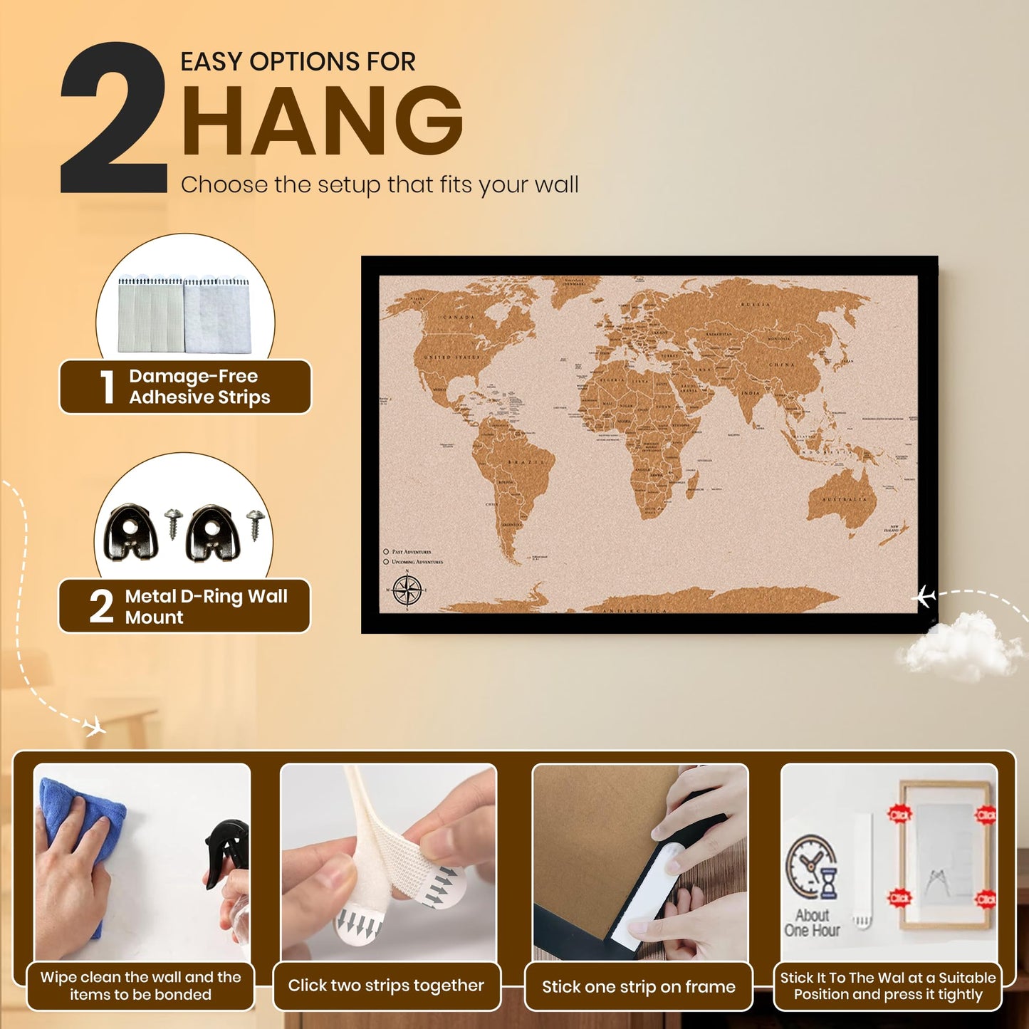 Large Push Pin World Travel Map – 30" x 20" Framed Cork Board Wall Art, Modern World Map with 200 Unique Pins for Tracking Adventures, A Premium Gift for Travelers, Couples and Families