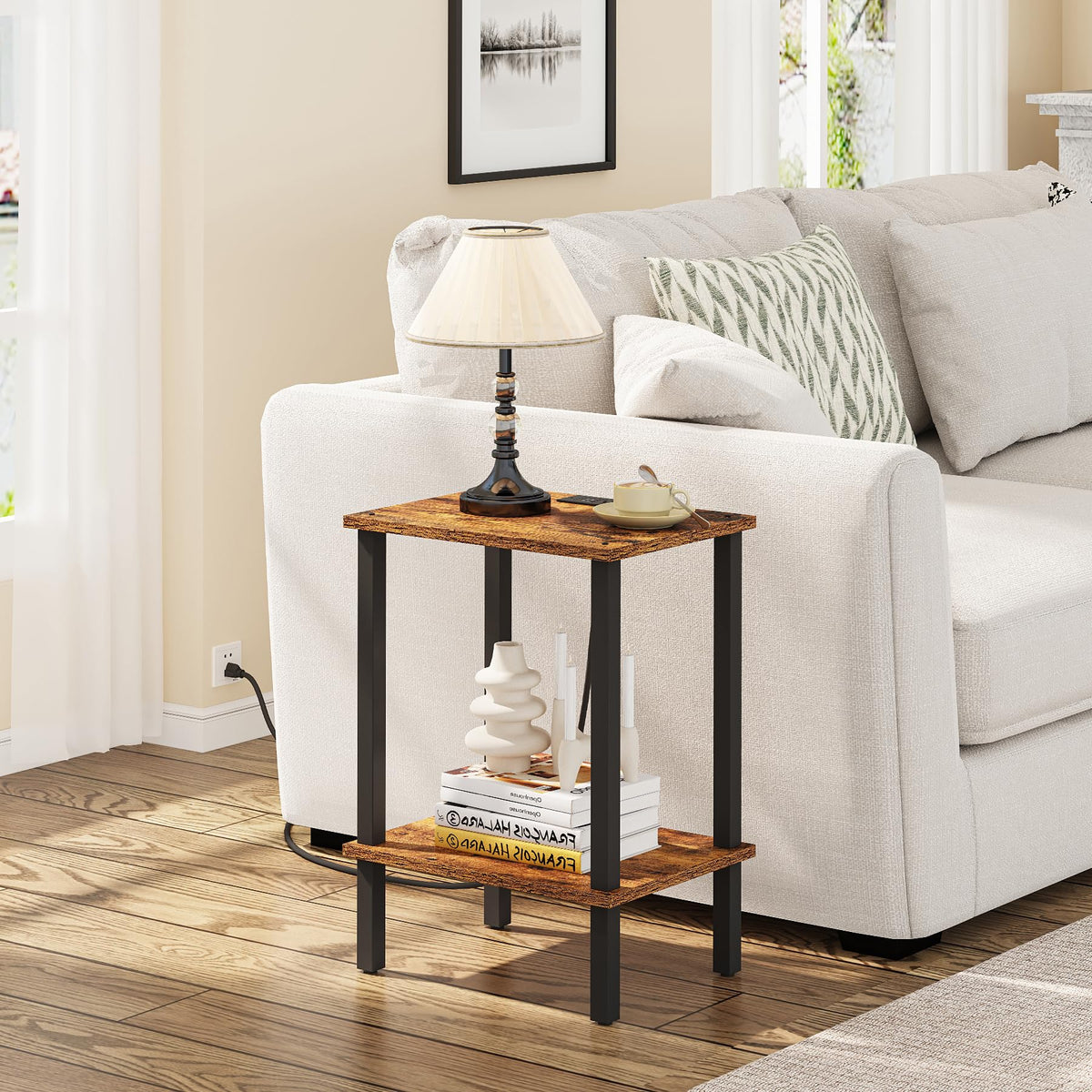 TUTOTAK End Table with Charging Station, Side Table with USB Ports and Outlets, Nightstand, 2-Tier Storage Shelf, Sofa Table for Small Space TB01BB040