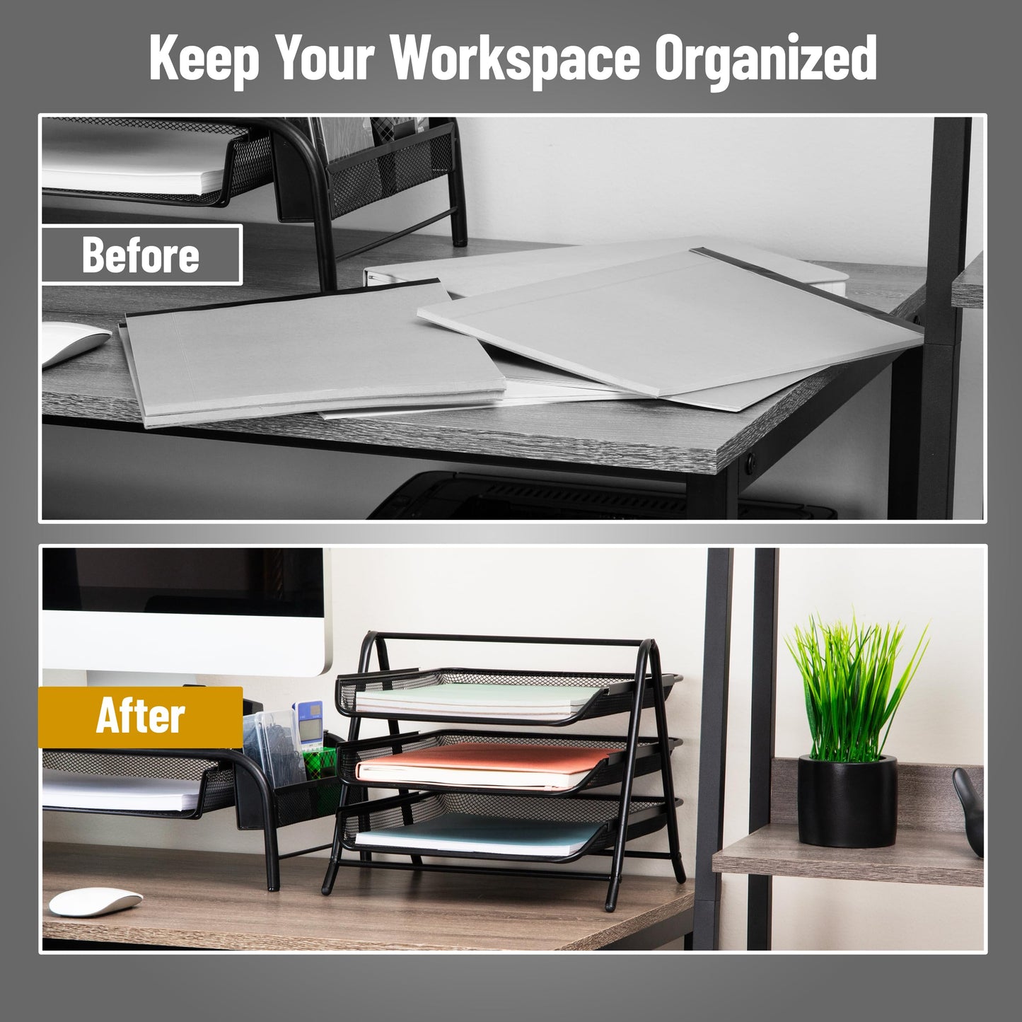 Mind Reader 3-Tier Paper Tray, Desktop Organizer, File Storage, Office, Metal Mesh, 11.75" L x 13.75" W x 10" H, Set of 2, Black
