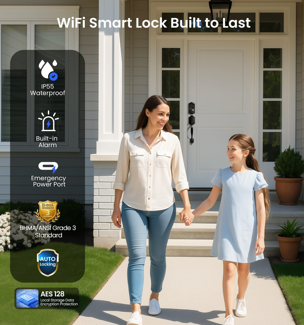 Veise VE017G-H Wi-Fi Smart Fingerprint Front Door Lock Set, Remote App Control, Keyless Entry Deadbolt with Handle, Backlit Keypad, IP55 Weatherproof, Auto Lock, Easy to Install, Matte Black