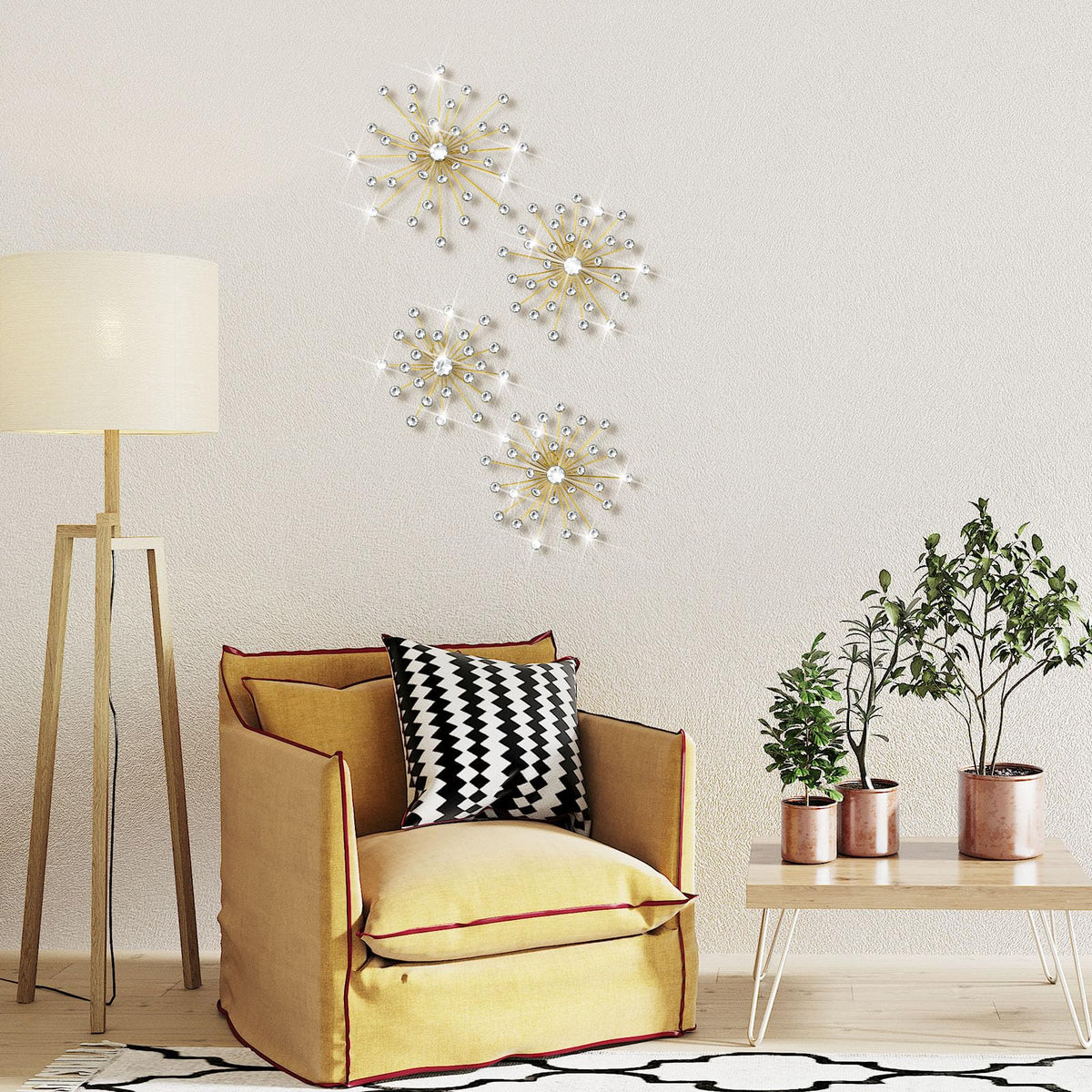 Funnymoom 4 Pcs Gold Starburst Wall Decor Metal Bling Wall Art Gold Crystal Sparkling Rhinestones Bling Decorative Hanging Diamond for Living Room Bedroom Home Office