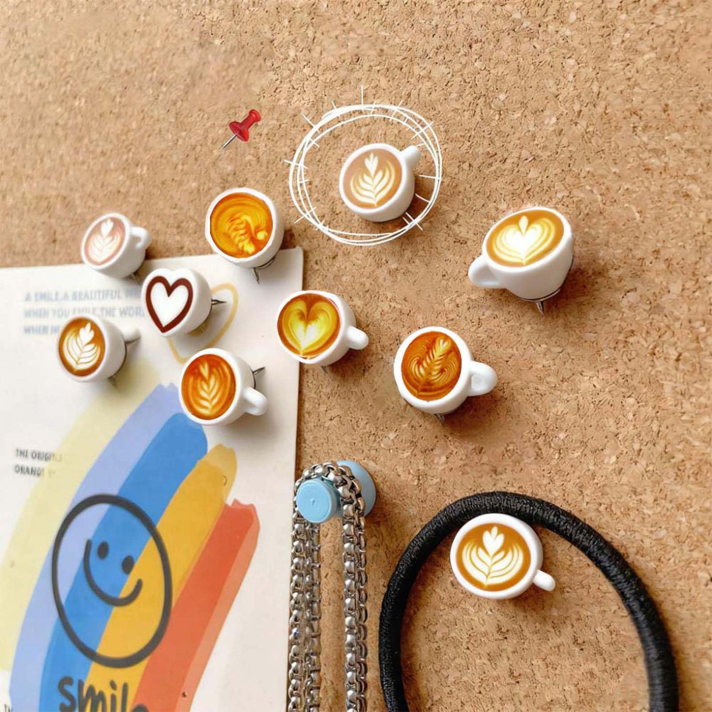 20 Pack Push Pins for Bulletin Board, Cute Push Pins Decorative Push Pin, 3D Coffee Latte Art Thumb Tacks with Storage Box for Cork Board, Office School Home Photo Wall Decor