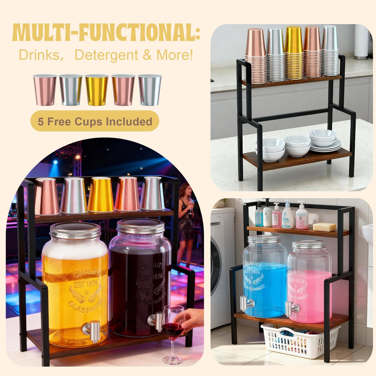 2PCS 1.5 Gallon Drink Dispenser - Glass Beverage Dispenser With Wood Stand and Leakproof Stainless Steel Spigot, Large Drink Dispenser for Parties, Lemonade, Iced Tea, Laundry Detergent Container