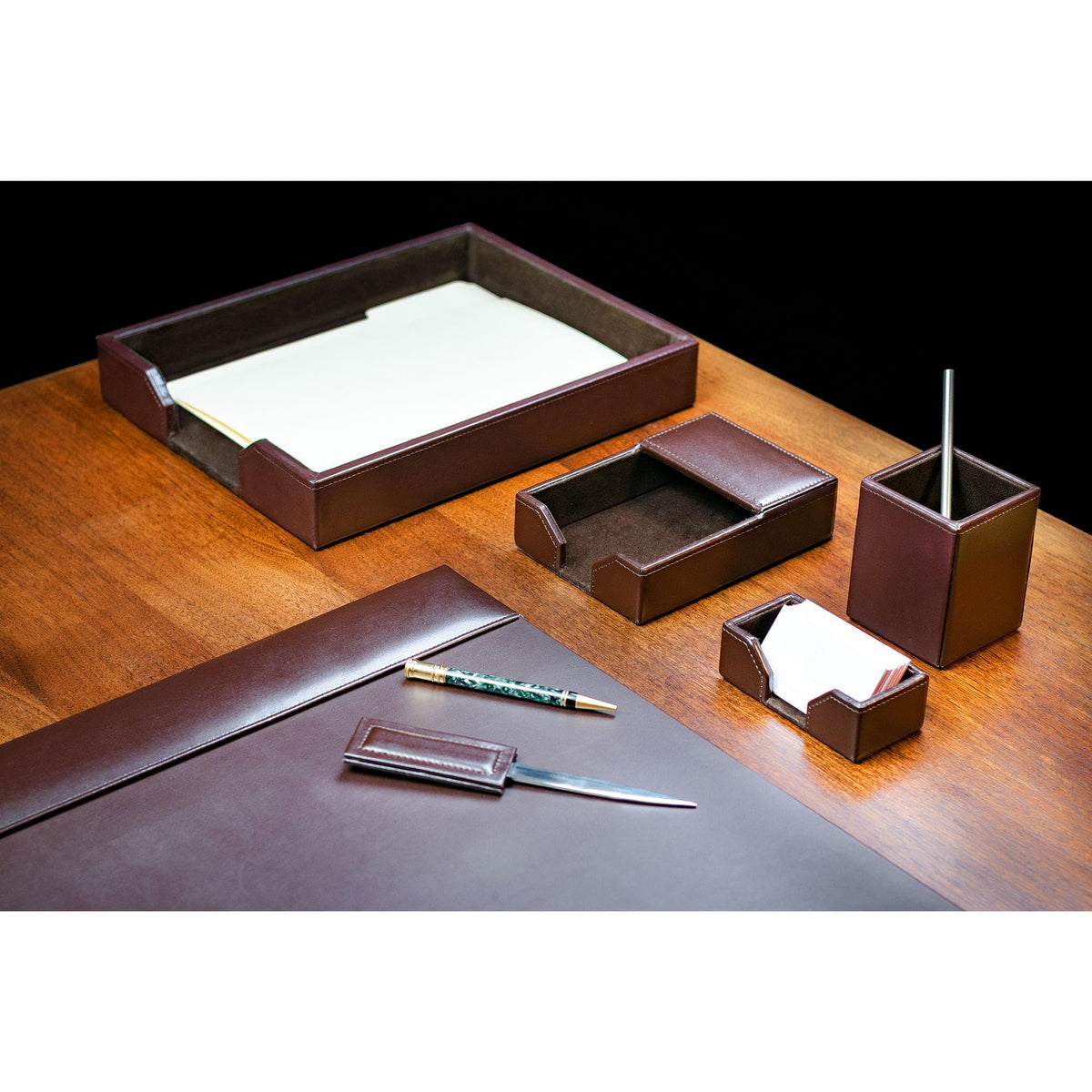 Dacasso Dark Brown Bonded Leather Luxury 6 Piece Desk Set - Blotter Pad & Desk Organization Essentials - Executive Decor and Surface Protector