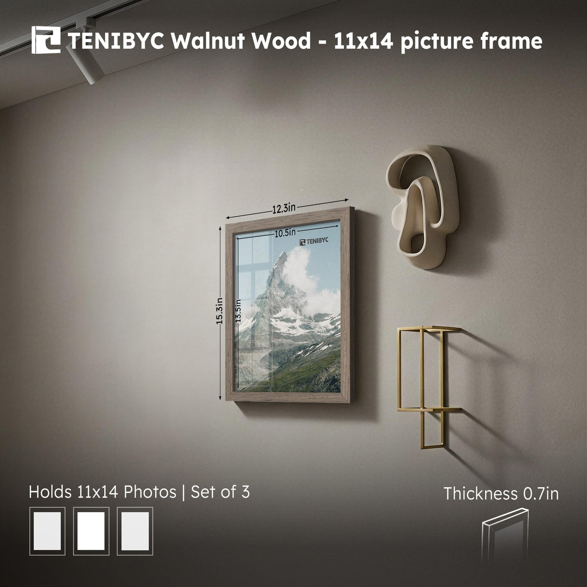 TENIBYC 11x14 Walnut Picture Frame 3 Pack with HD Glass - Natural Brown, Solid Wood Poster Frame, Wall Gallery Frame