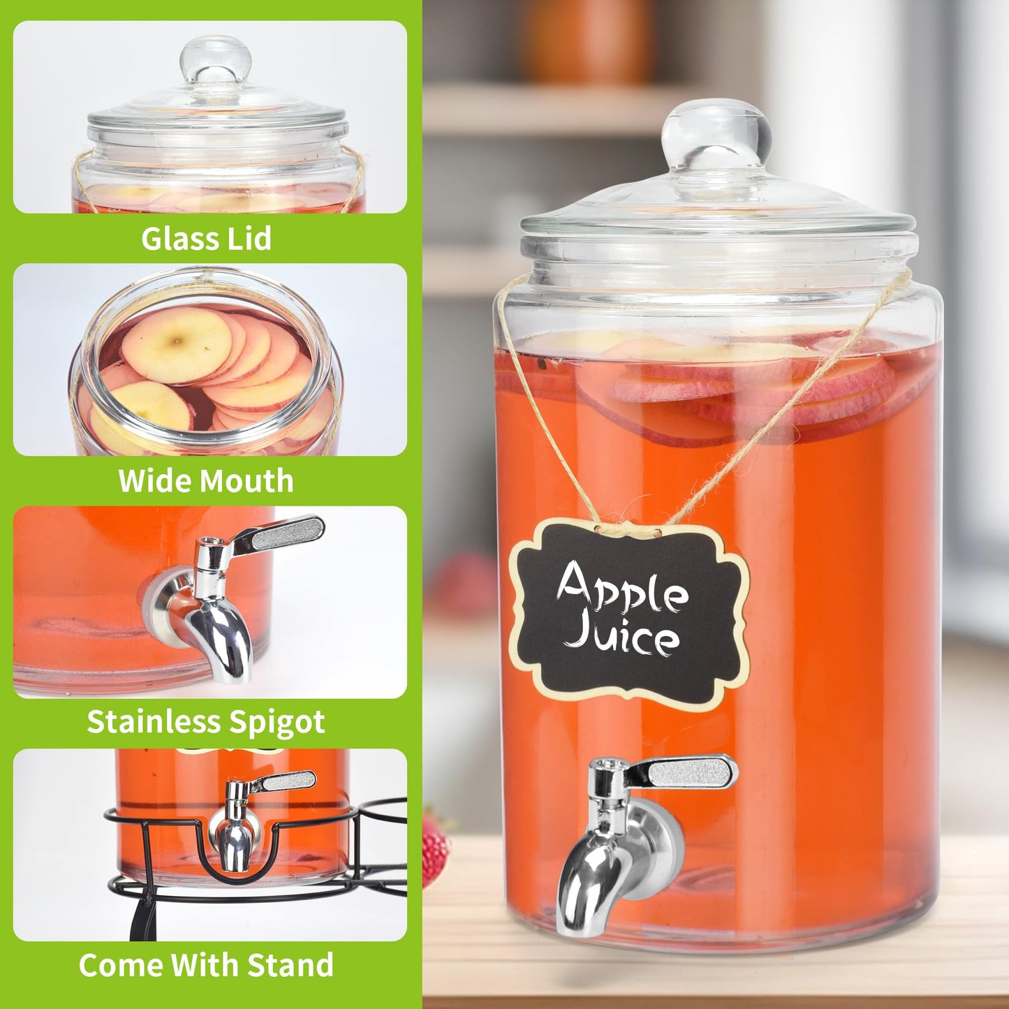 PARAISODOS 1 Gallon Beverage Dispenser 1 Pack, Stainless Steel Spigot Drink Dispenser for Parties with Stand, Clear Glass Drink Container Easy to Refill and Clean