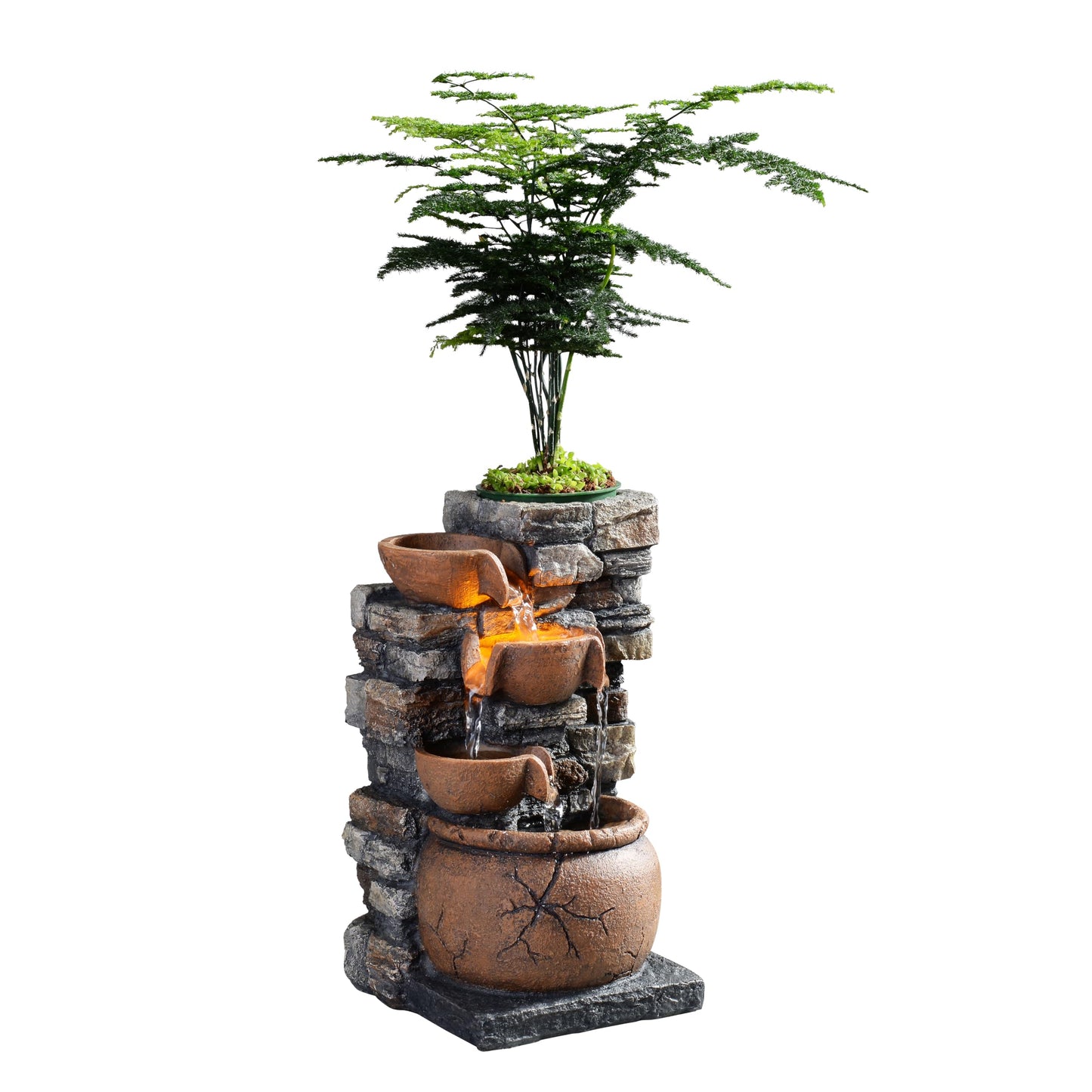 Indoor Fountain 4-Bowl Rockery Soothing Sound Tabletop Fountains Home/Office Decor with a Small Plastic Pot to Grow The Plant by Yourself(Automatic Watering)(23001)