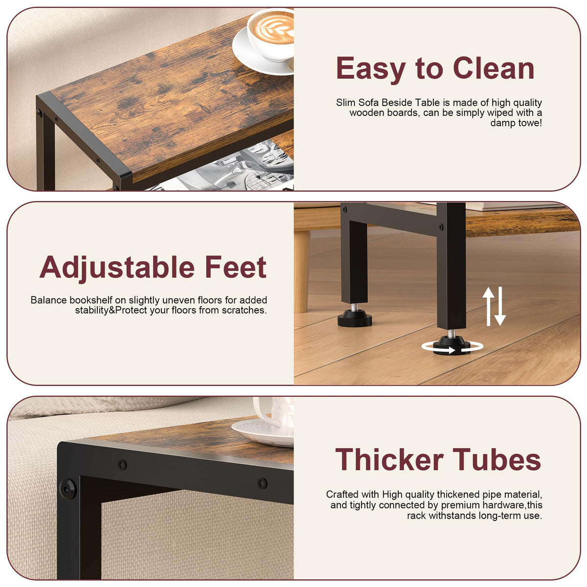 Homedawn Narrow Side Table for Small Space, 3 Tier Slim End Table, Thin Nightstand, Skinny Snack Couch Table, Sofa Bedside Table in Living Room, Bedroom, Study, Kitchen and Balcony (Rustic Brown)