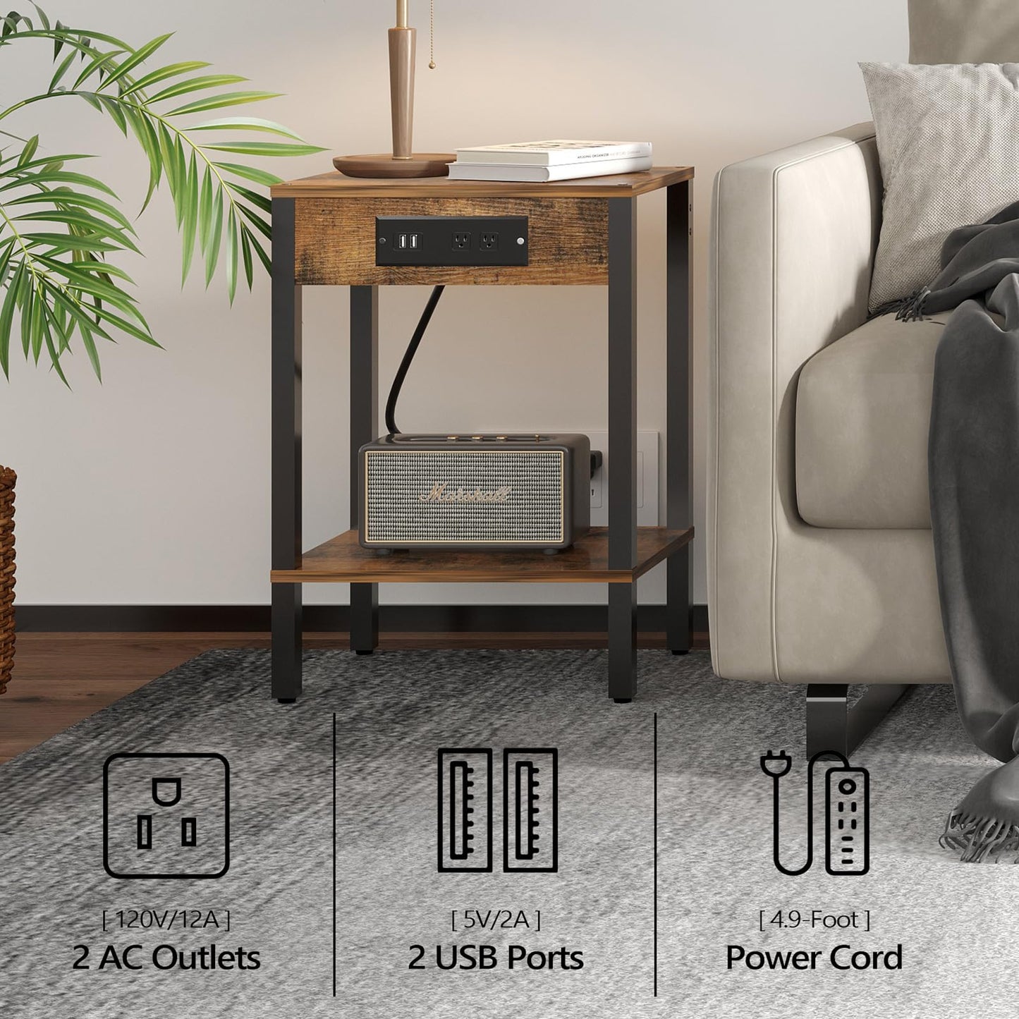 End Table with Charging Station, 2-Tier Nightstand with Storage Shelf,Modern Side Table,Bedside Table for Small Space in Living Room, Bedroom, Sofa Couch and Balcony, Rustic Brown MLBZ14RE
