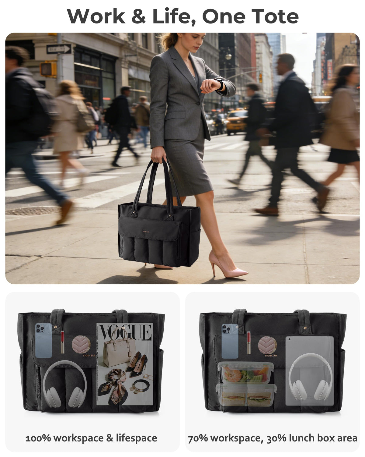 Trahzia Teacher Tote Bag with Lunch Compartment and Accordion Organizer, Insulated Work Lunch Bag Fits for 15.6” Laptop for Women, Black