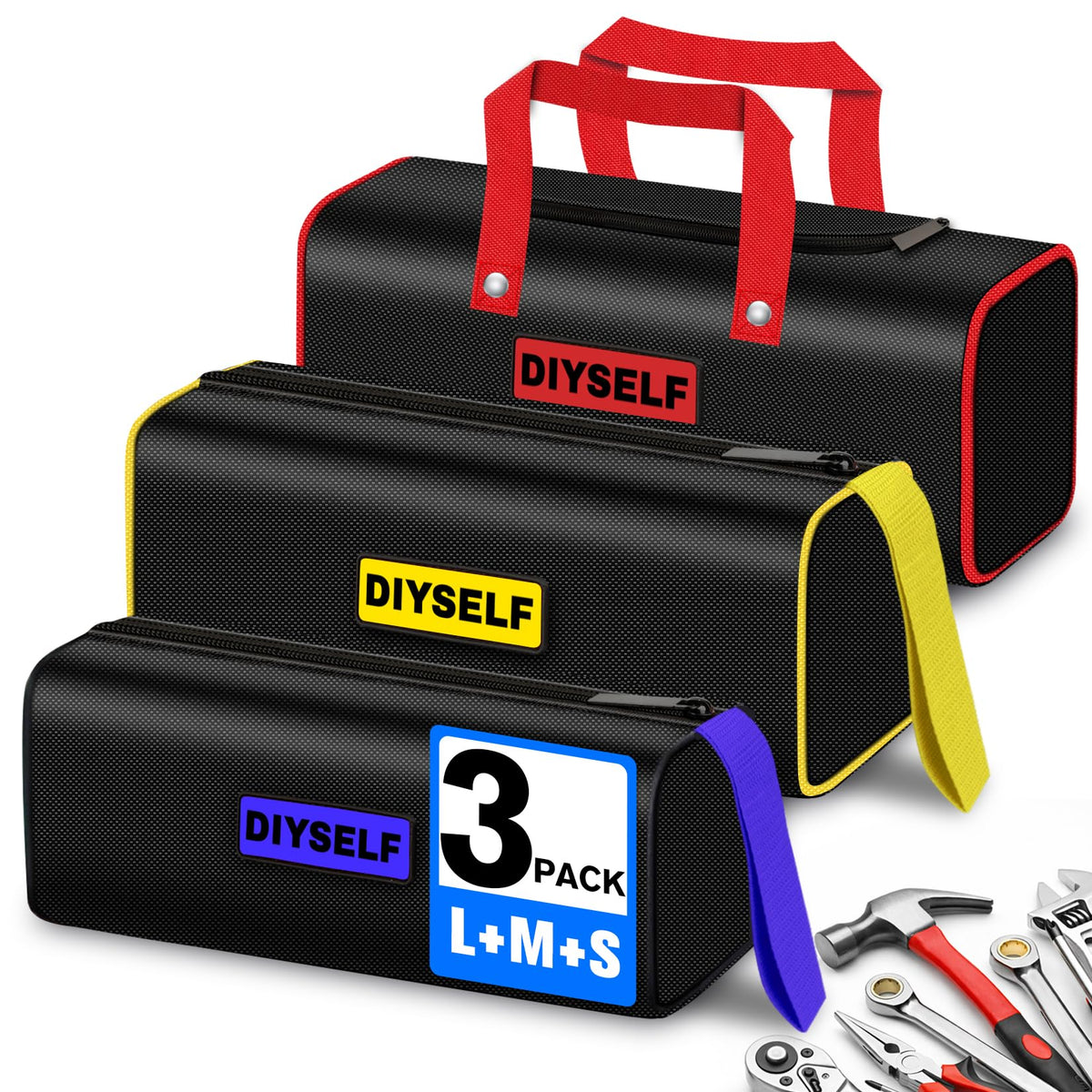DIYSELF 3 Pack Tool Bag, Mixed Sizes up to 13" Portable Tool Bags for Men, Mechanics, Heavy Duty Storage Tools Bag with Handles, Waterproof Soft Utility Bag for Car, Mens Gifts for Dad, Him, Husband