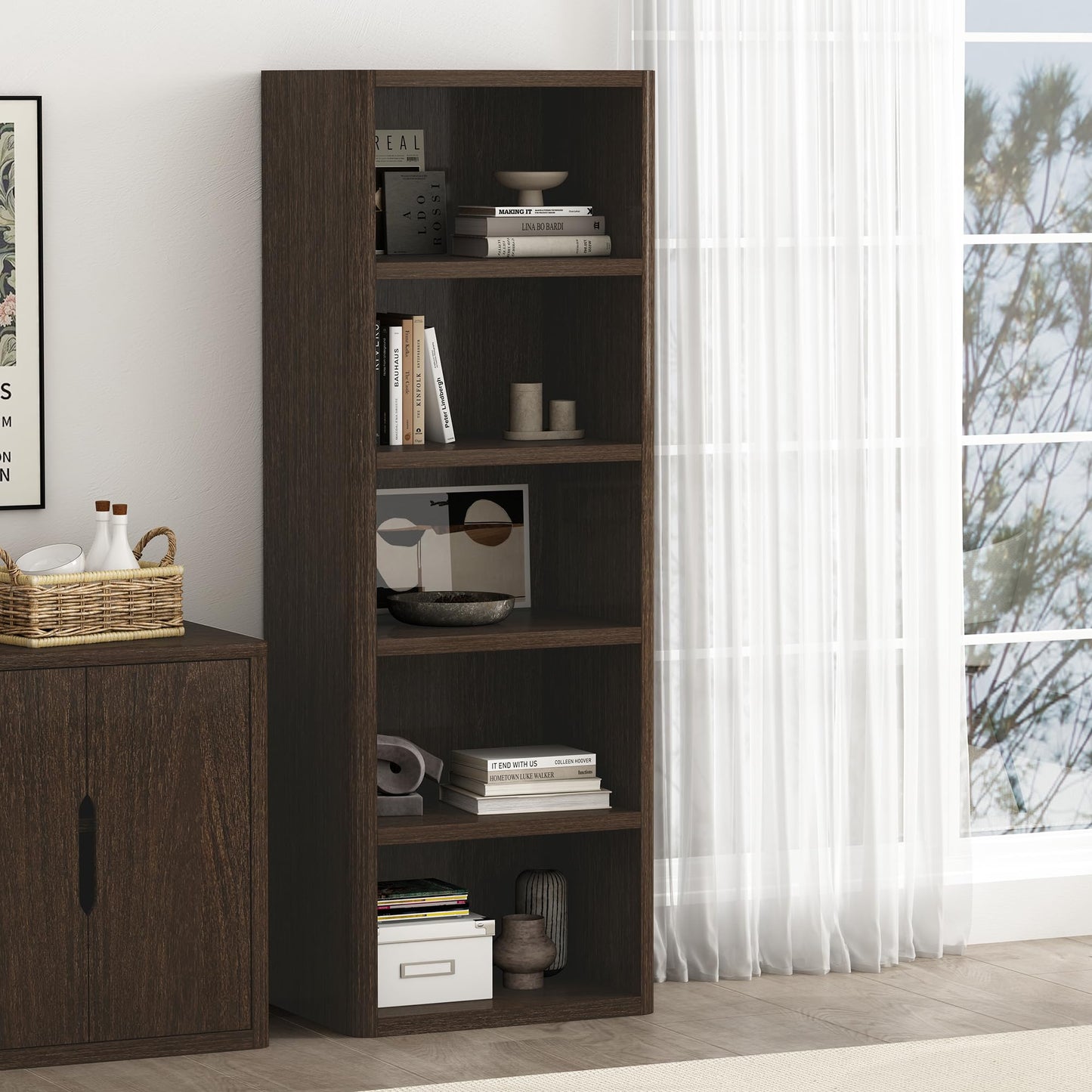 Manhattan Comfort Rivington 79" Tall Modern 5-Tier Bookcase, Open Shelving Storage Cabinet with Adjustable Shelves for Living Room or Home Office, Single Bookcase in Natural Oak