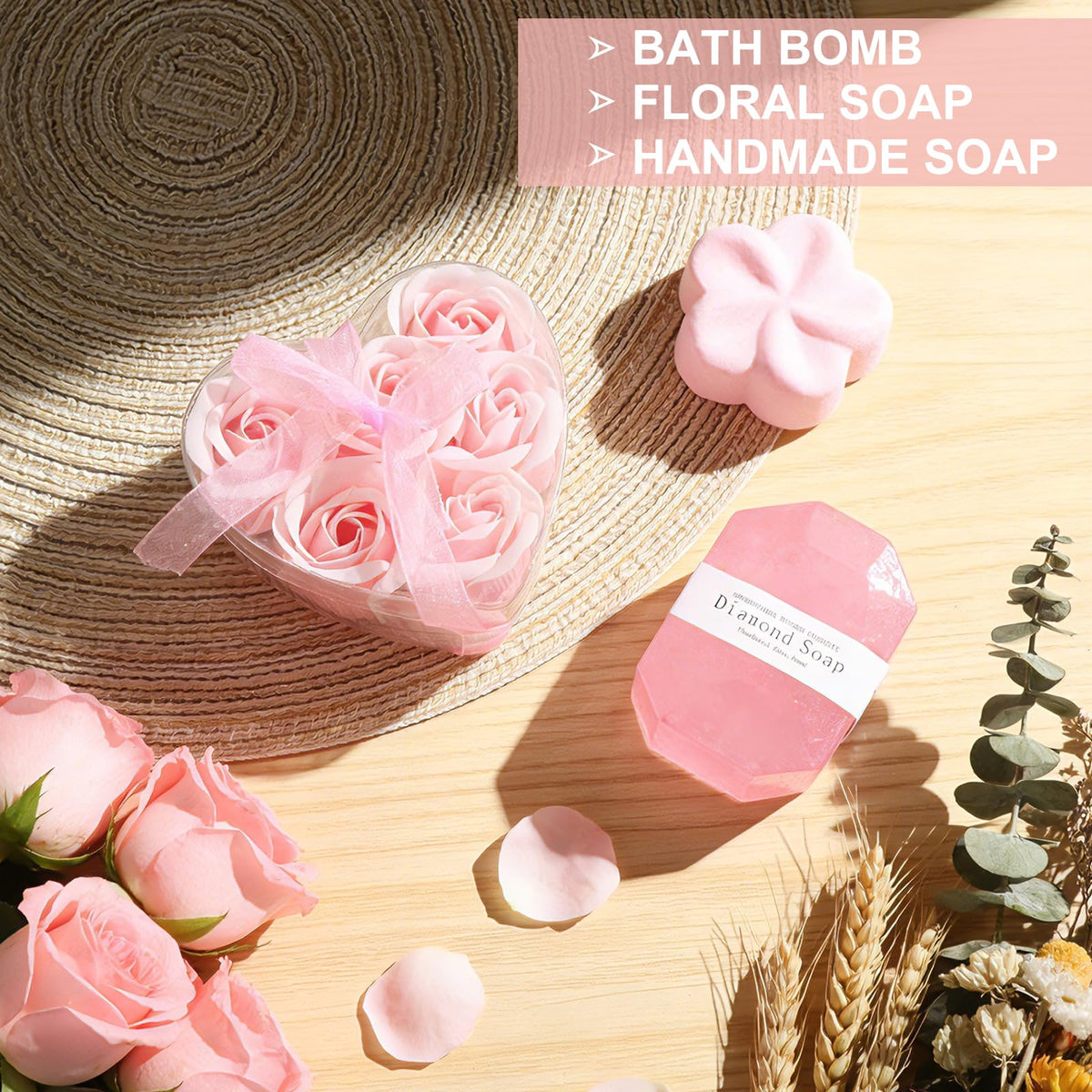 Birthday Gifts for Women, Self Care Get Well Soon Gifts Basket for Women, Flower Relaxing Spa Gift Basket Bath Set,Unique Luxury Self Care Box Gift for Mom Her Wife Sister Girlfriend, Girl Friend Pink