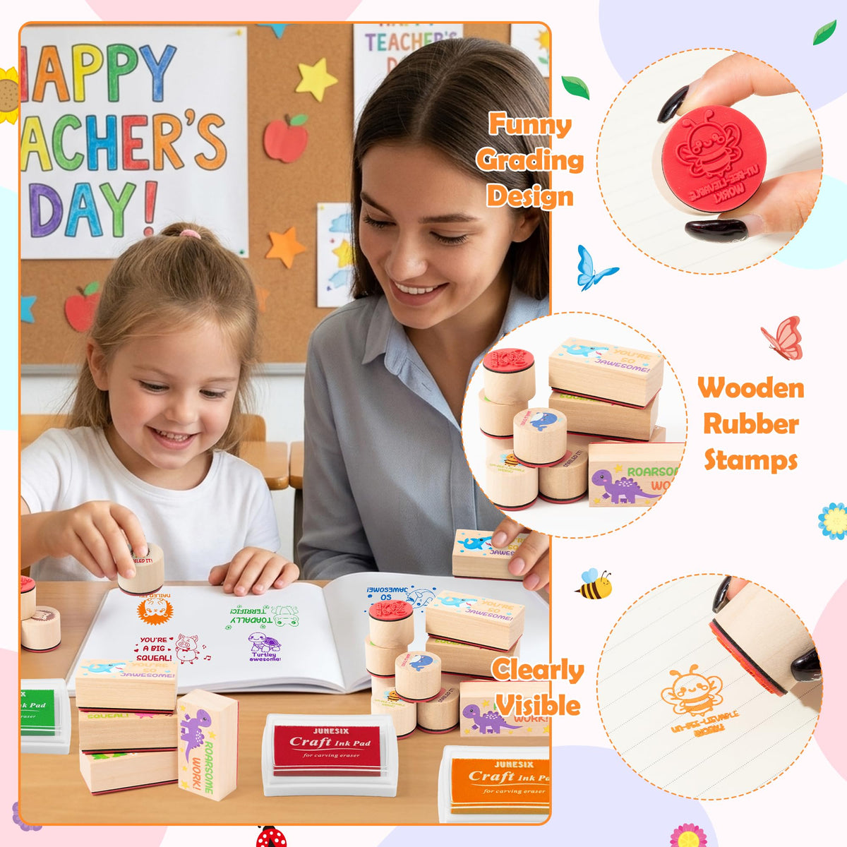 CJiangpo 15Pcs Teacher Wooden Rubber Stamps Set Cute Animal Encouraging Messages Stamps Ink Pads Teaching Print for Classroom Grading Homework Test Motivation Teacher Supplies Students Behavior Reward