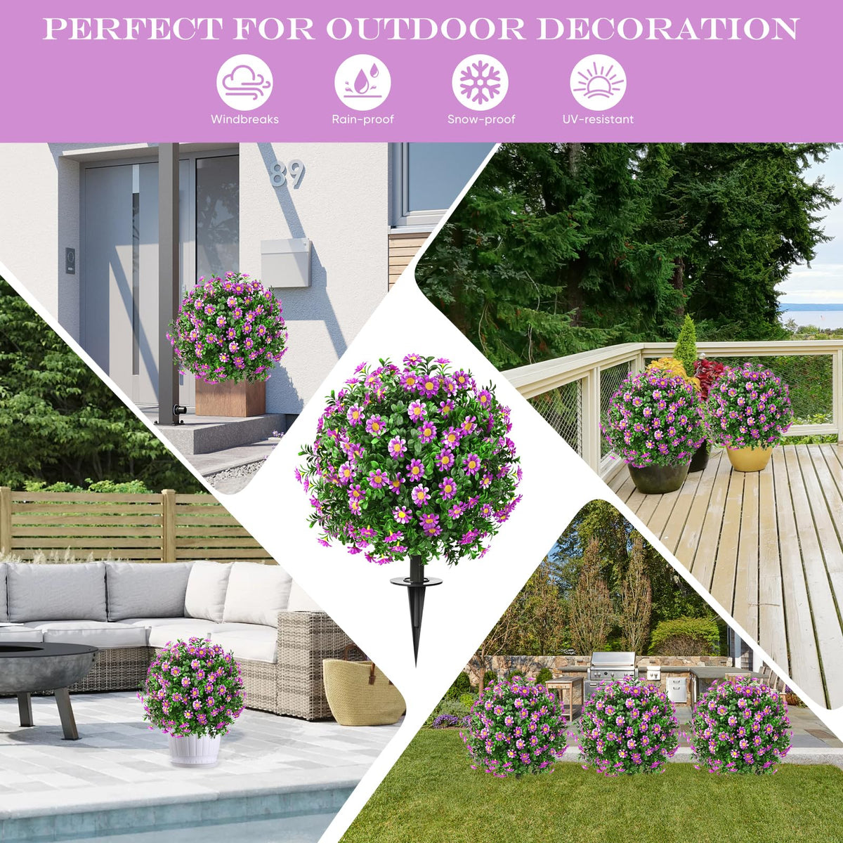 FAJUNZH Artificial Topiary Bushes for Outdoors with Spike, Boxwood Ball Fake Shrubs UV Resistant Faux Plants for Indoor Outdoor Fall Thanksgiving Halloween Decor (Sunflower Boxwood Purple -2 Packs)