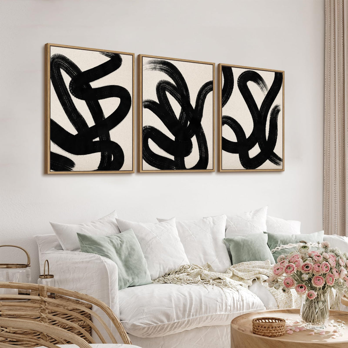 Framed Wall Art Canvas Set Abstract Lines Pictures Modern Mid Century Boho Wall Decor Minimalist Abstract Black Stroke Lines Canvas Painting Artwork Living Room Bedroom Home Office 20"x28"x3 Natural
