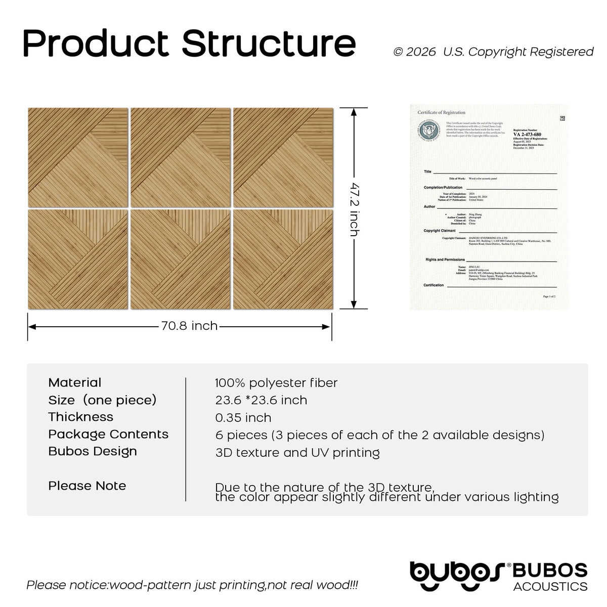 BUBOS 6 Pack Acoustic Wall Panels - High-Density Polyester Sound Absorbing Panels, Decorative Wood Print Treatment for Recording Studio & Home Office, Peel and Stick, 23.6" x 23.6"