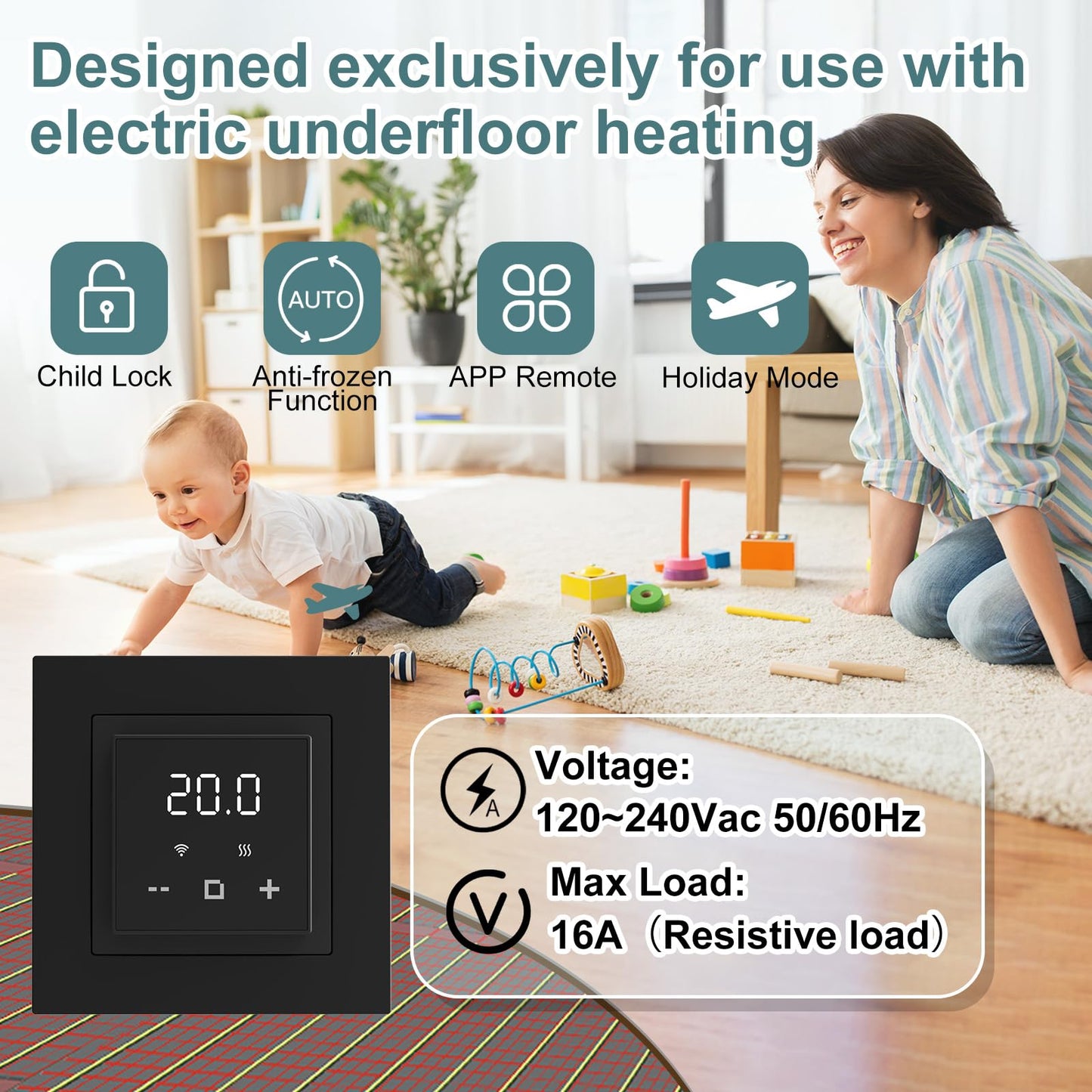 HEATIT Programmable Thermostat, WiFi Smart Thermostat for Electric Radiant Floor Heating with Touchscreen, 120V-240V Wide Voltage Range, Dual Sensing, Black