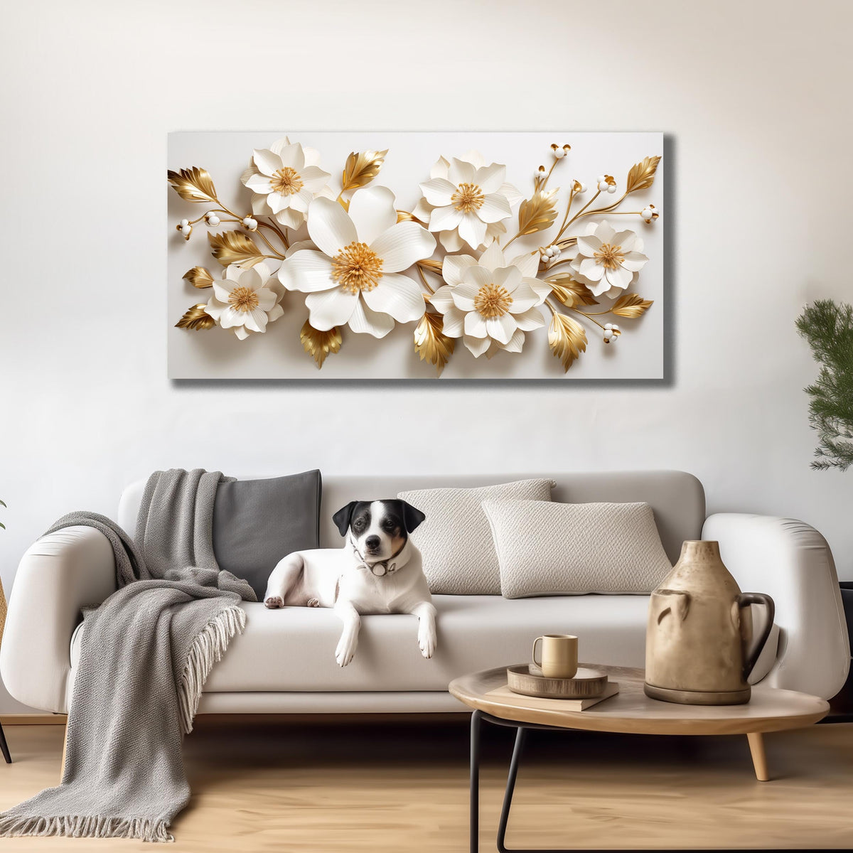 JuhaiArt Gold Wall Decor White 3D Floral Wall Art Elegant Flower Canvas Decor for Bedroom Living Room Office Picture Artwork 24" x 48"