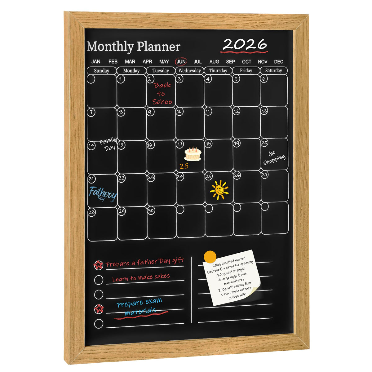 Magnetic Chalkboard Calendar for Wall – 17x13 Monthly Dry Erase Planner with Natural Wood Frame, 2-in-1 Vertical Memo & to-Do Board
