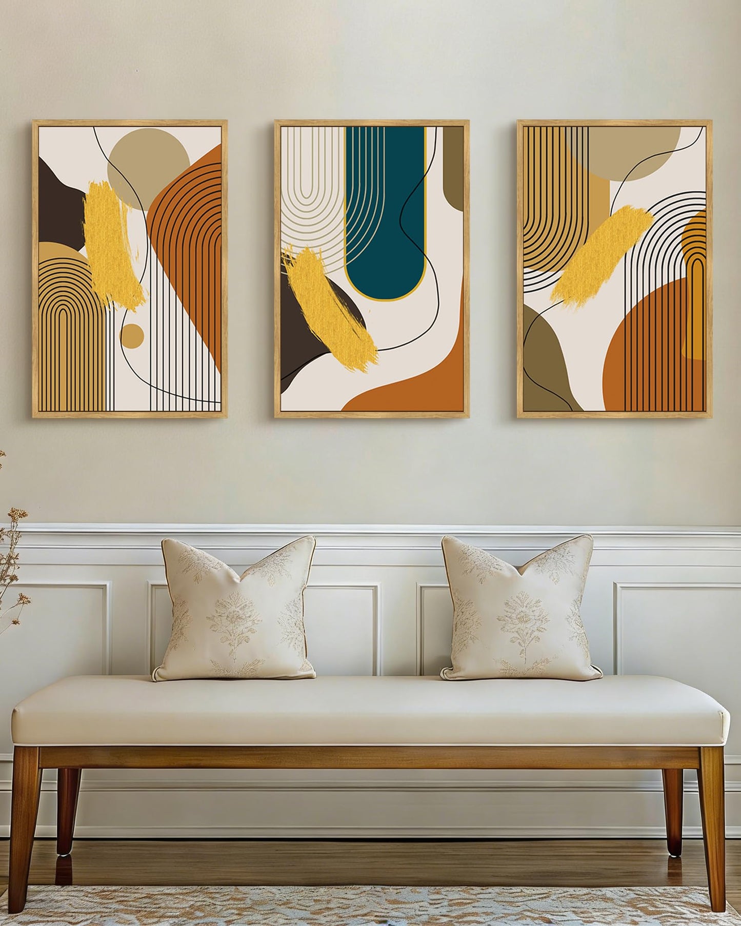 PHOPAGO Boho Abstract Framed Wall Art Large 16x24in Mid-Century Modern Bohemain Minimalist Luxury Gold Line Artwork Home Office Living Room Decor - Natural Framed