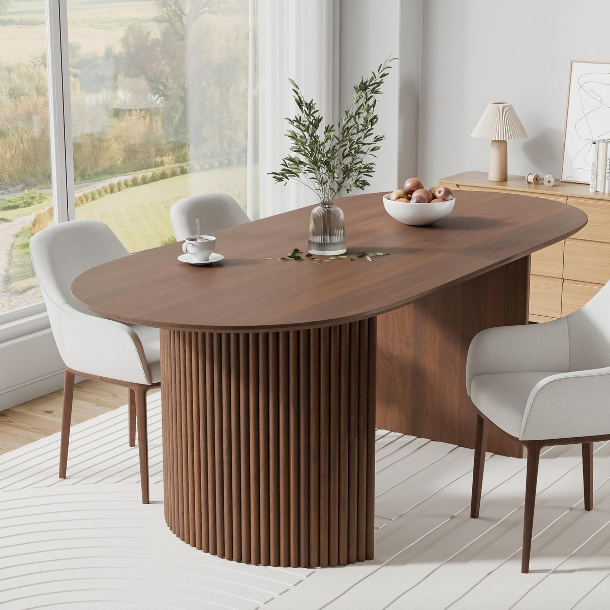 Casaphoria 79" Oval Dining Table with Fluted Pedestal Base, Mid-Century Modern Wood Kitchen Table for 6-8 Persons, Large Executive Desk for Home Office, Solid Walnut Finish
