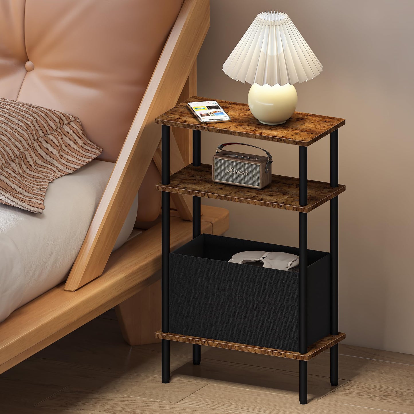 Newmics Narrow Side Table with Fabric Basket, End Table for Small Spaces, Slim Nightstand with 3-Tier Storage Shelf, Sofa Beside Table, for Living Room, Bed Room, Rustic Brown