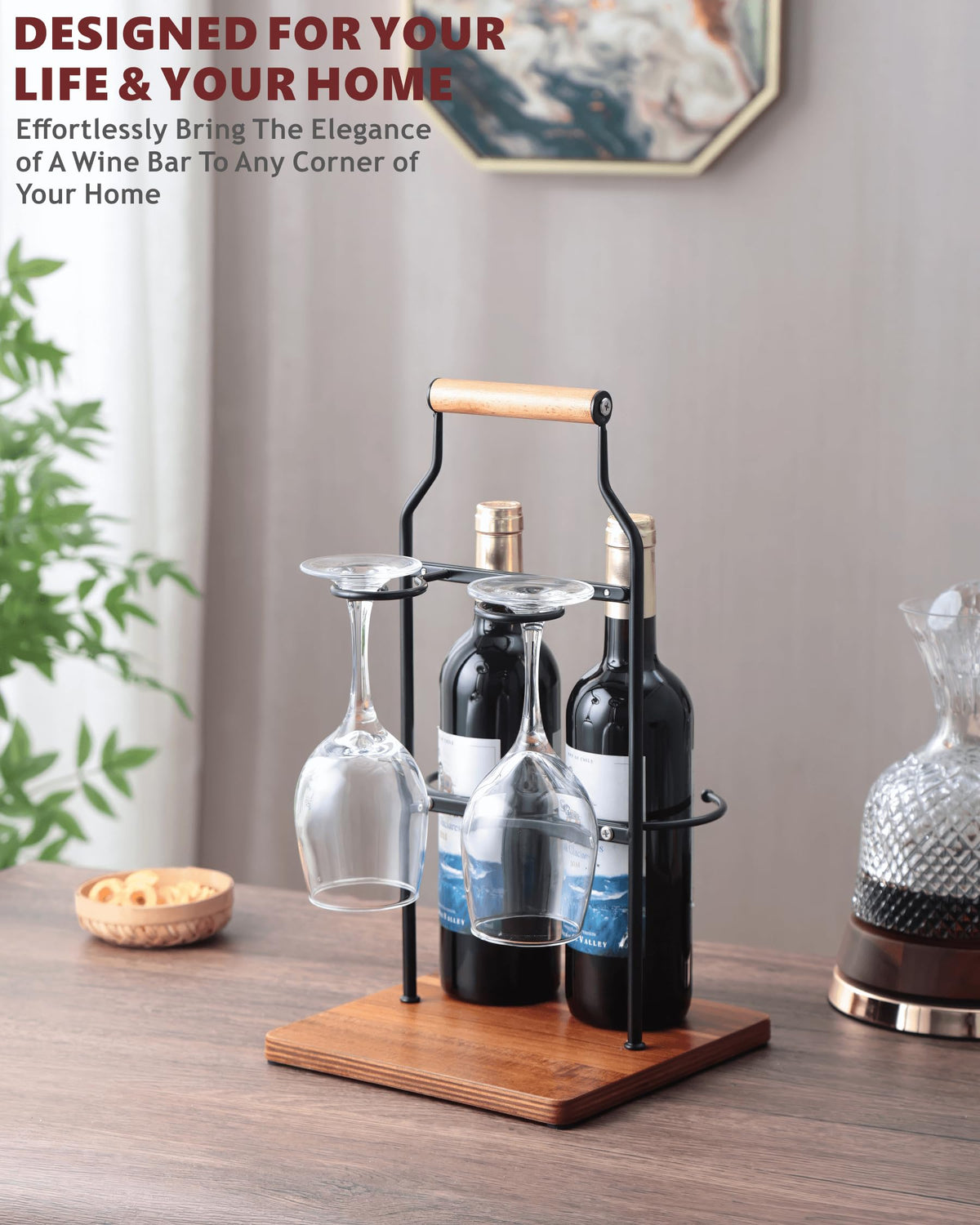 Ouseen Countertop Wine Rack and Glass Holder | Portable Wine Caddy Holds 2 Bottles & 2 Glasses | Small Wine Rack with Wood Base, Perfect for Tabletop Wine Storage & Home Bar Decor (Black)
