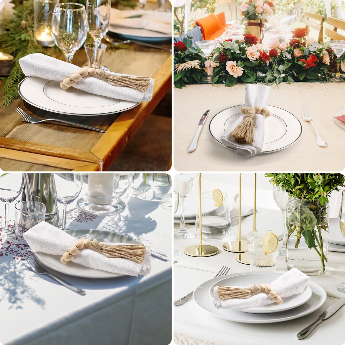 50 Pack Farmhouse Rustic Napkin Rings with Tassel Wood Bead Rings for Table Decor Boho Wedding Party Dining Spring Banquet