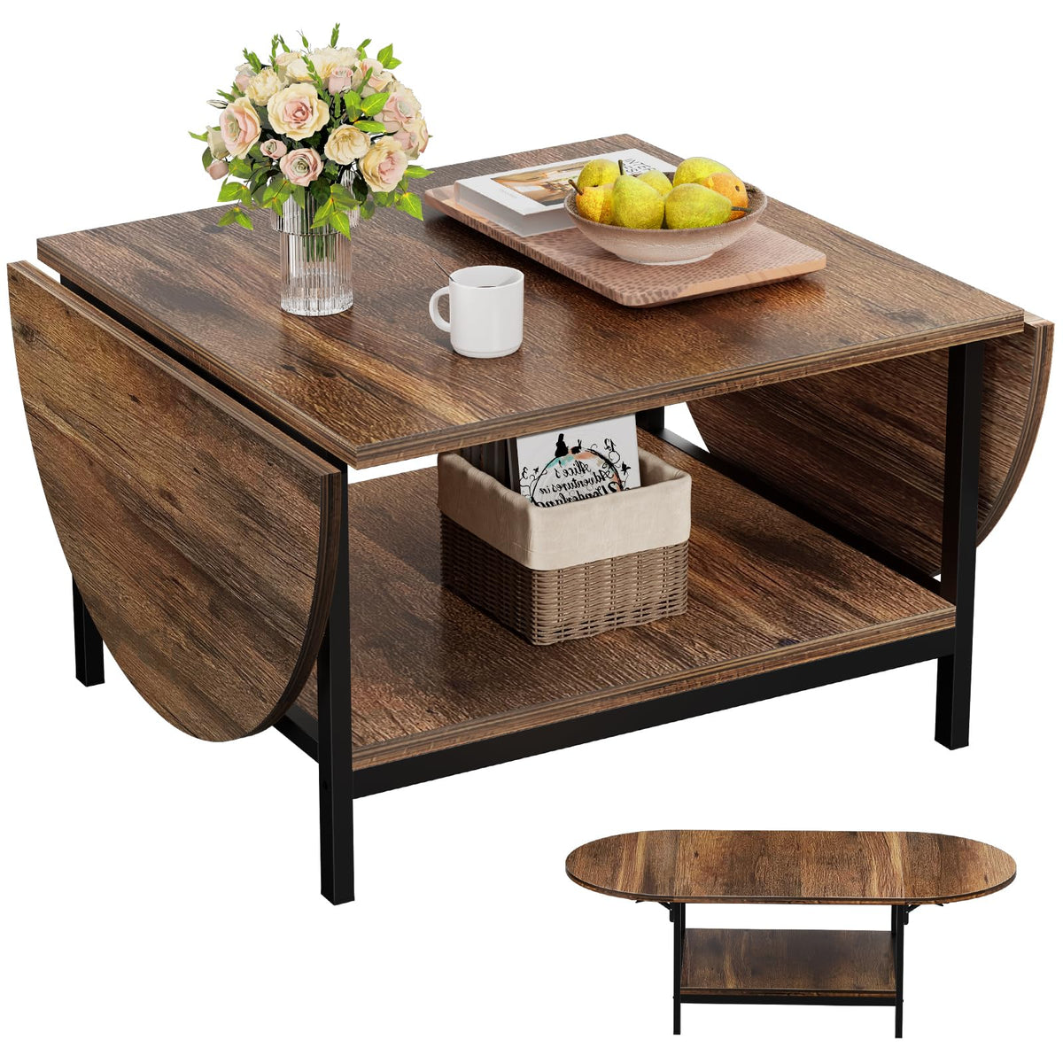 SAYGOER Folding Coffee Table for Living Room, Small Coffee Tables with 2-Tier Storage, Mid Century Modern Center Table for Small Space, Oval Farmhouse Table Square, Dark Brown