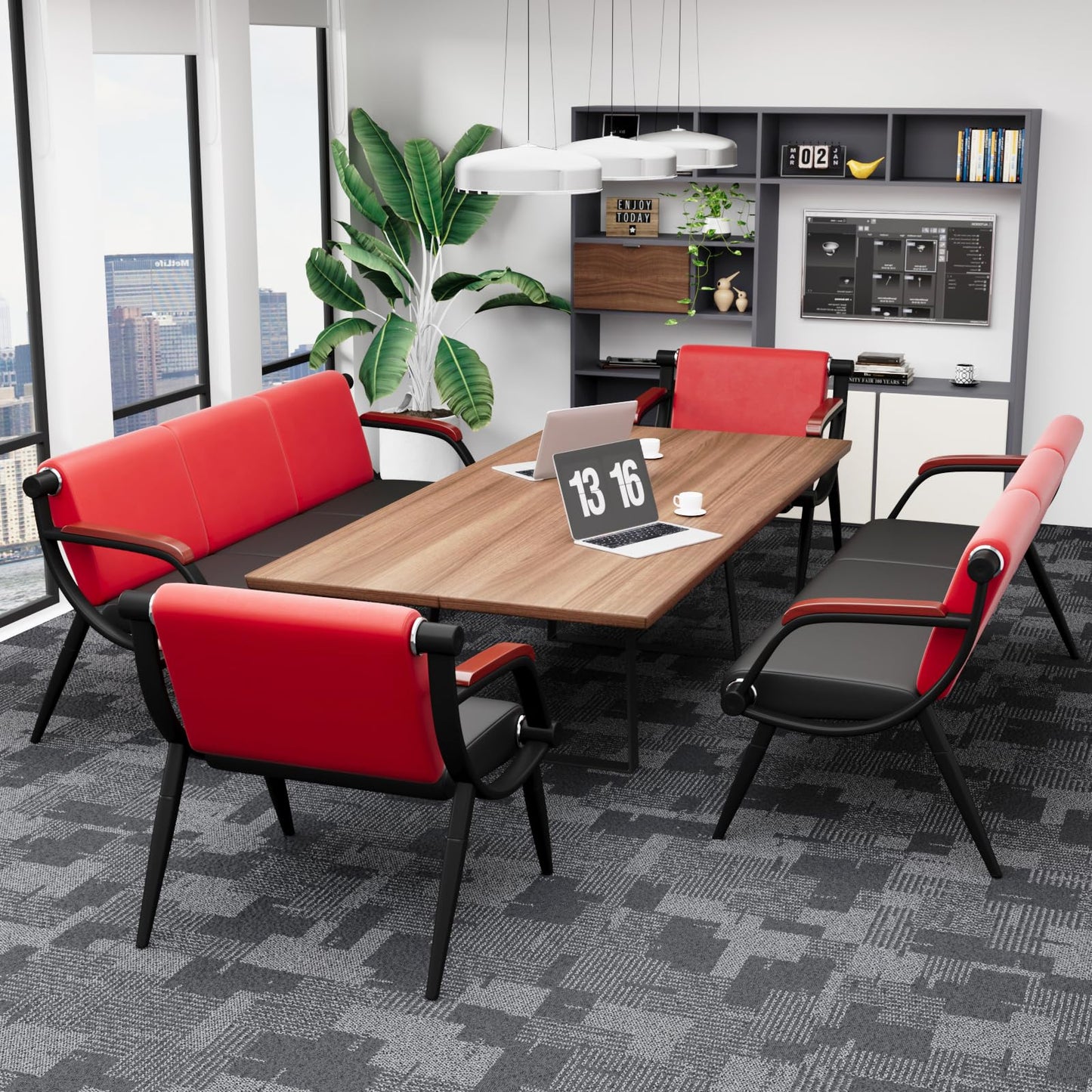 wonline Waiting Room Bench, Office Furniture Reception Chairs with Arms, Leather Chairs is Suitable for Clinic,Airport,Hospital,Barber,Salon,Bank-(Red&Black,4pcs)